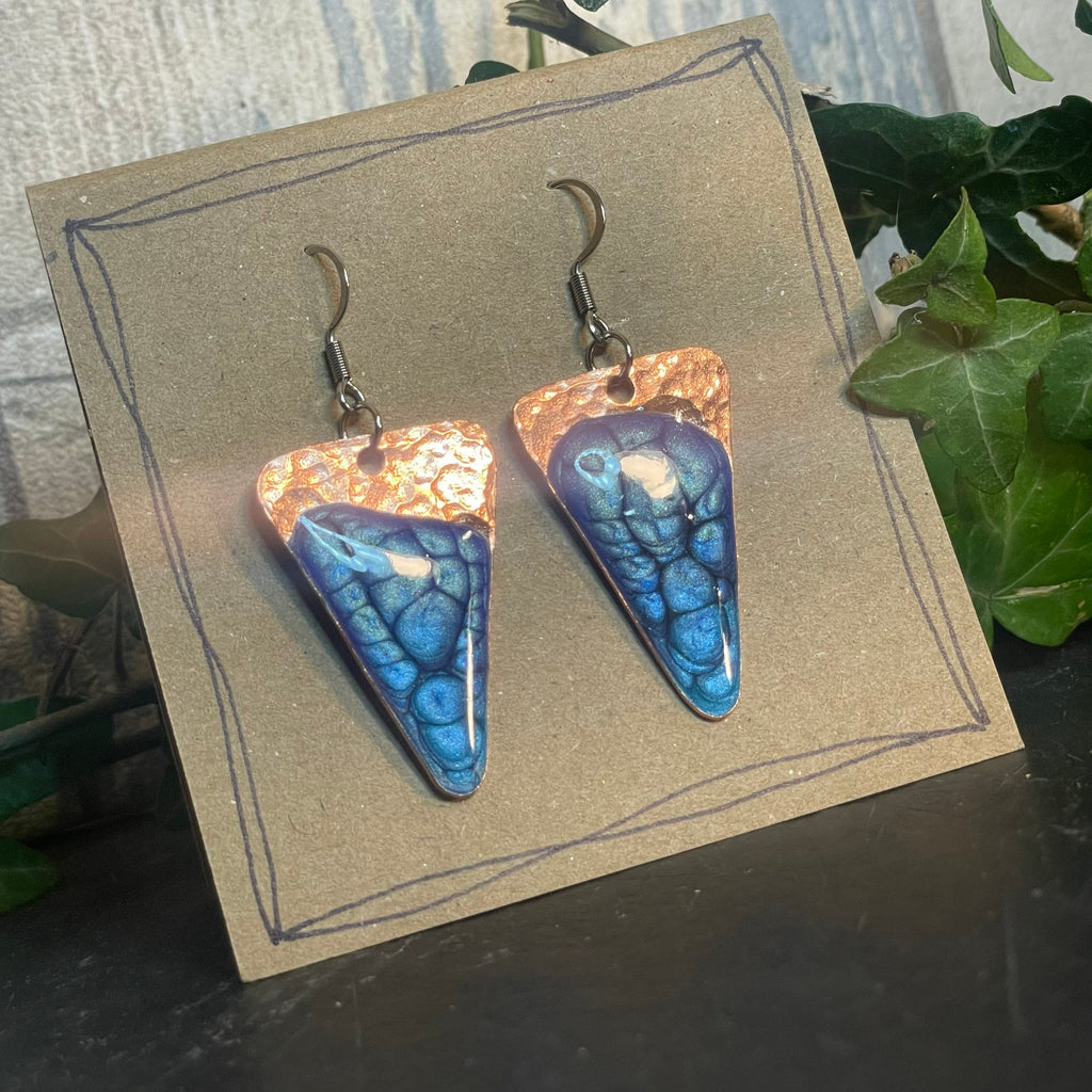 Copper and blue dangle earrings. Recycled copper earrings. Triangle earrings #27