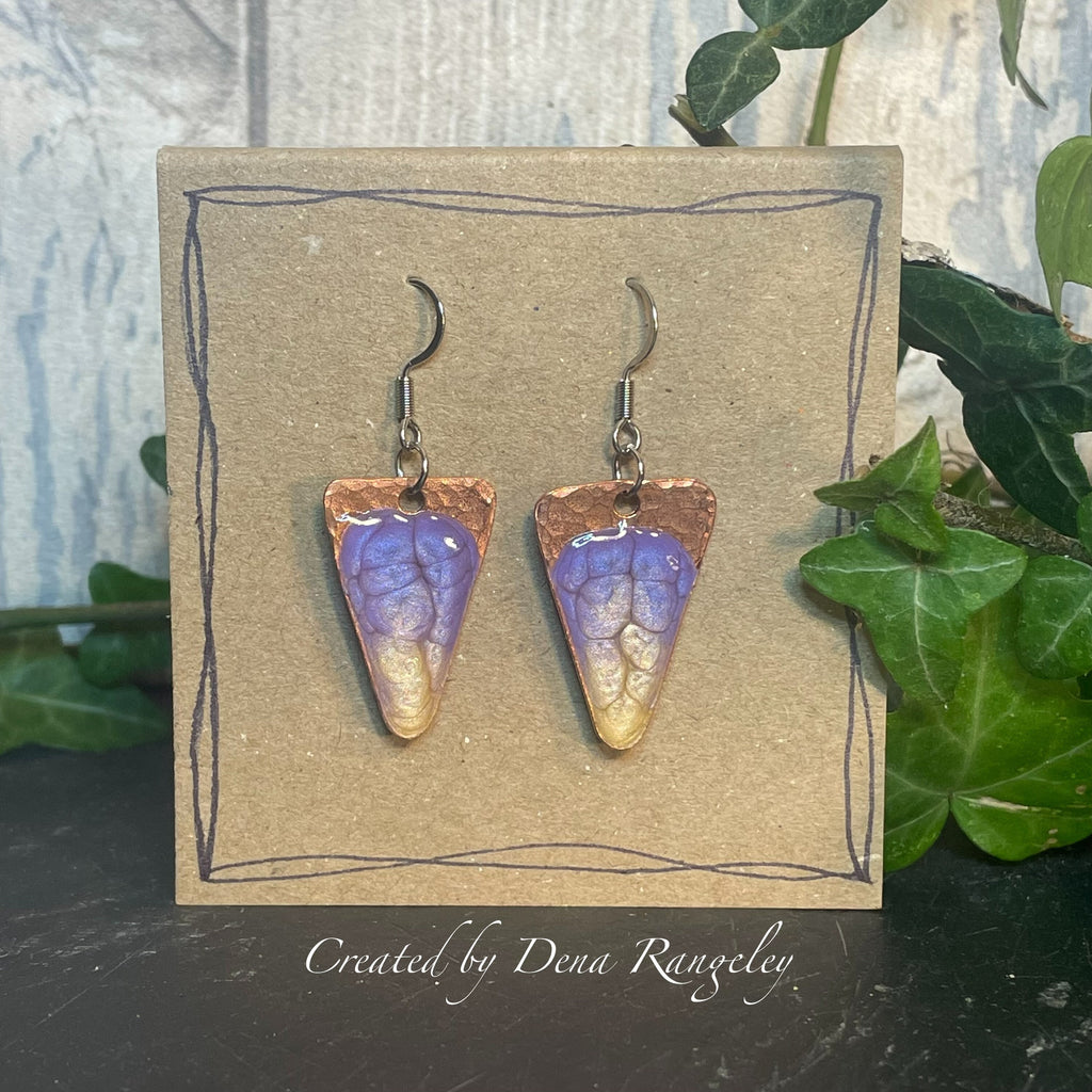 Copper dangle earrings. Recycled copper earrings. Triangle earrings. Lilac earrings #24