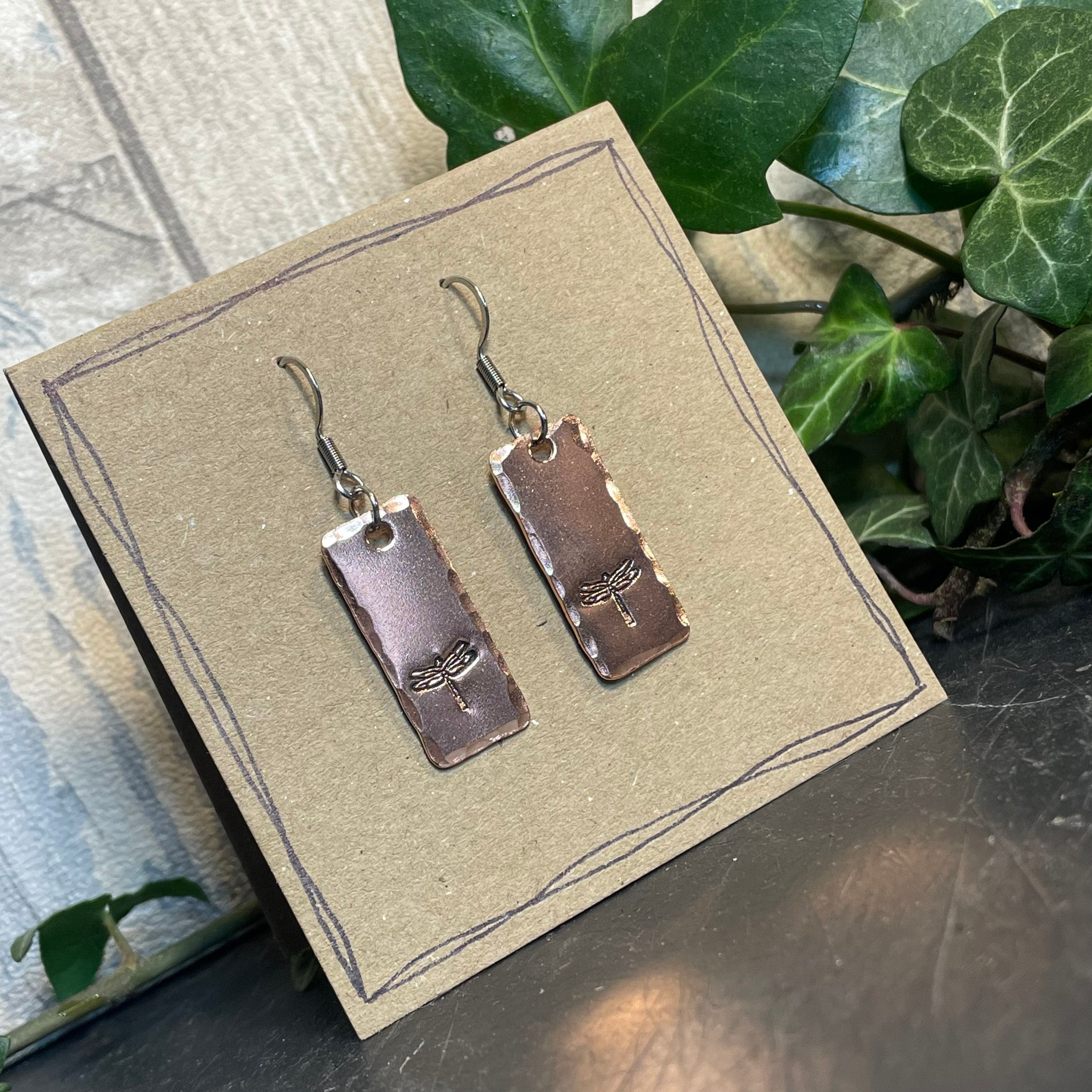 Stamped earrings. Copper earrings. Dragonfly earrings. Recycled copper #70