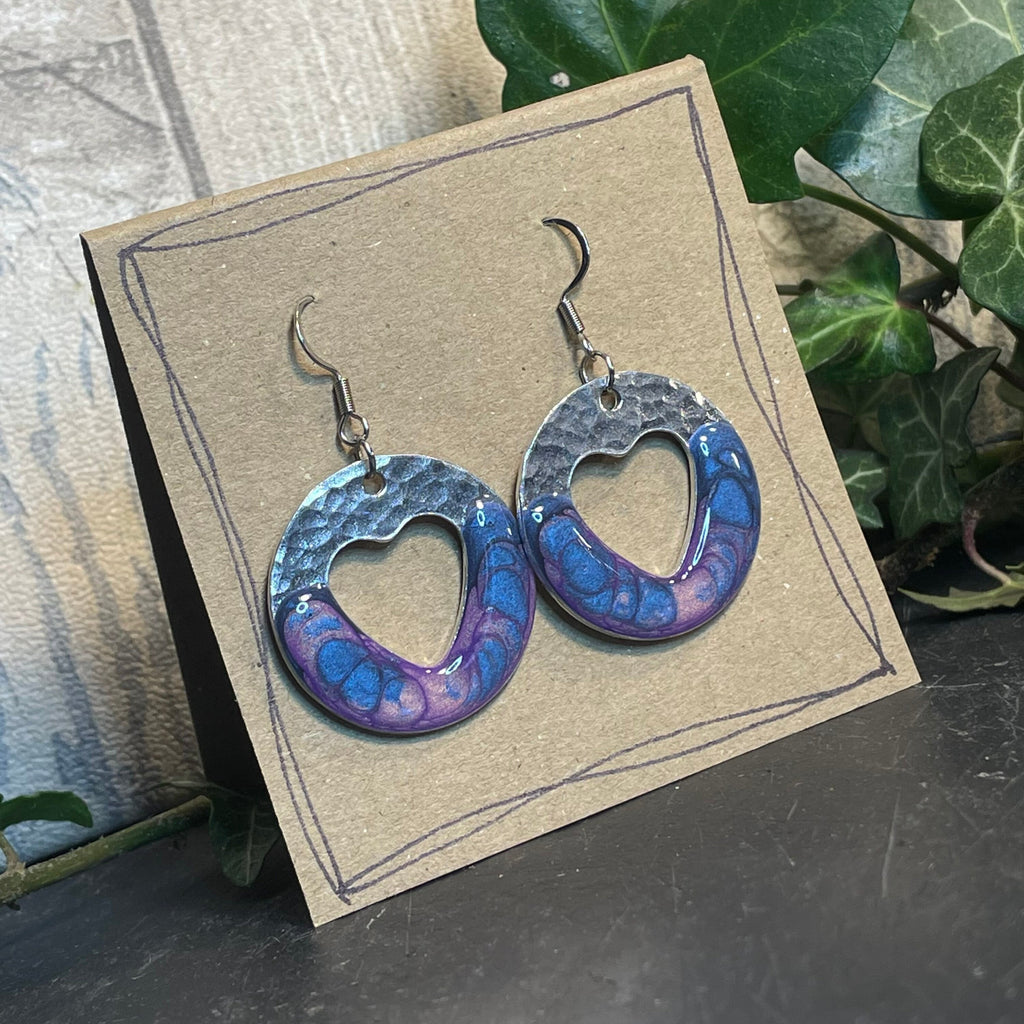 Lightweight earrings with stainless steel earring hooks. Blue and purple earrings. Heart earrings #69