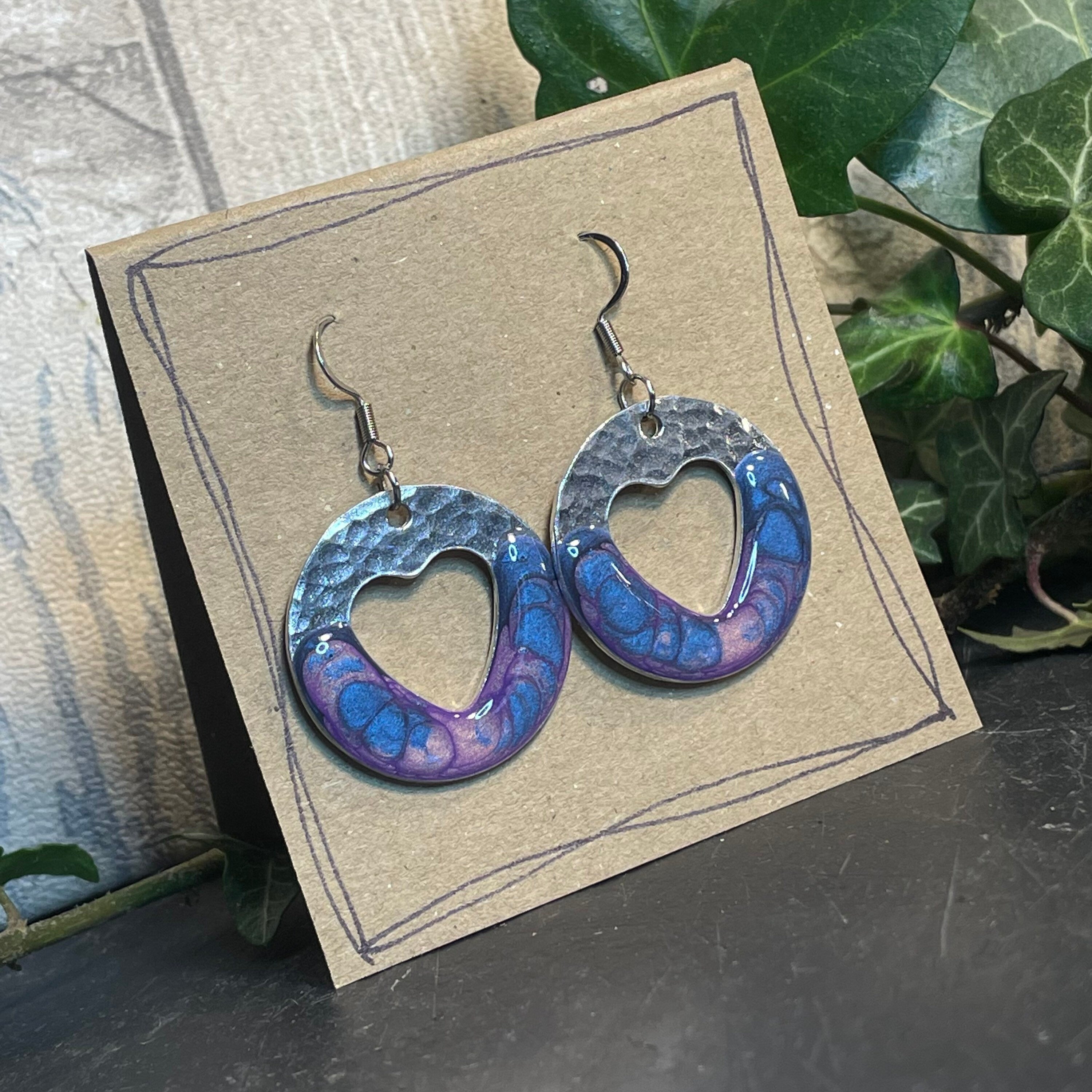 Lightweight earrings with stainless steel earring hooks. Blue and purple earrings. Heart earrings #69