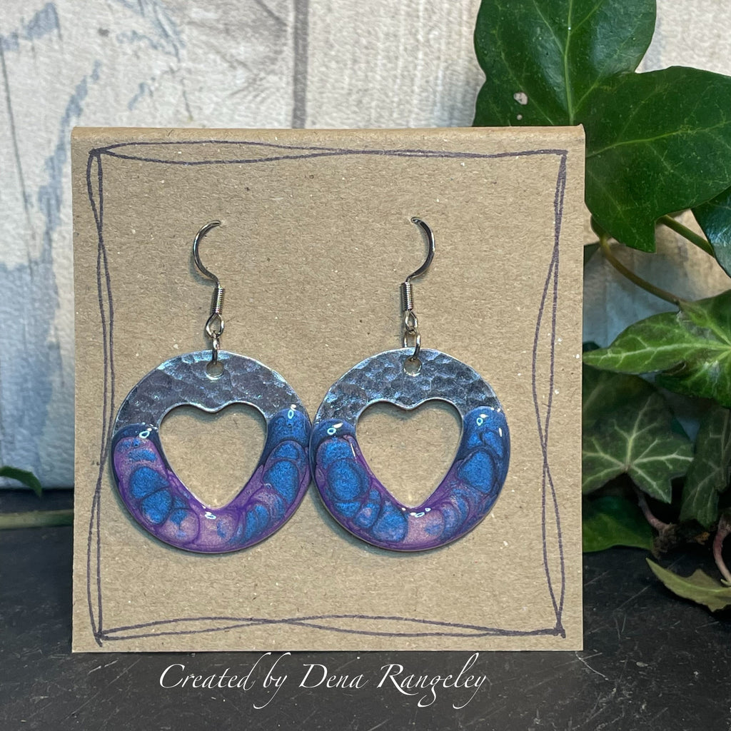 Lightweight earrings with stainless steel earring hooks. Blue and purple earrings. Heart earrings #69