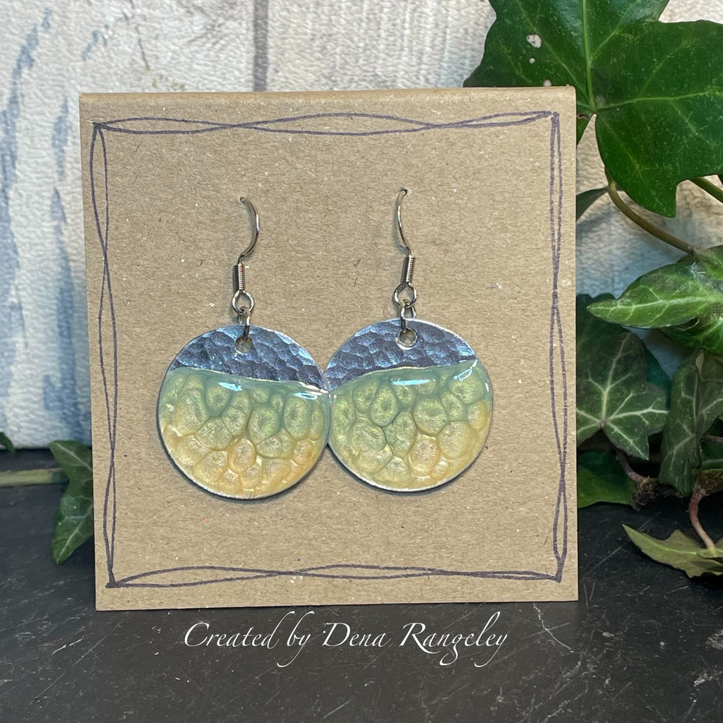 Painted earrings with stainless steel earring hooks. Green and yellow earrings. Disc earrings #79