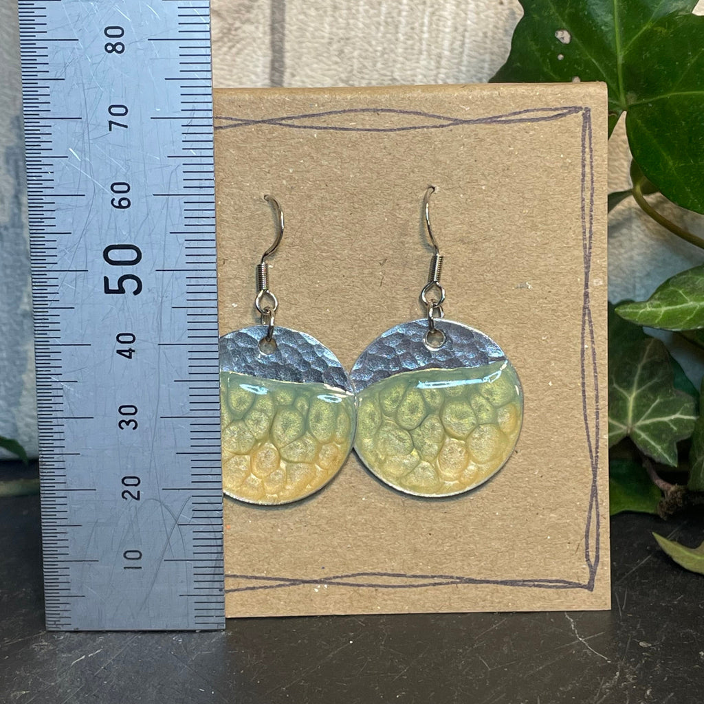 Painted earrings with stainless steel earring hooks. Green and yellow earrings. Disc earrings #79