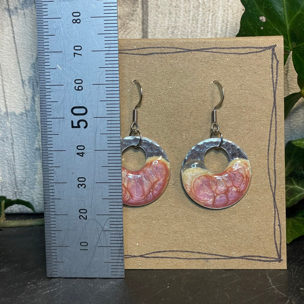 Painted earrings with stainless steel earring hooks. Pink earrings. Disc earrings #75