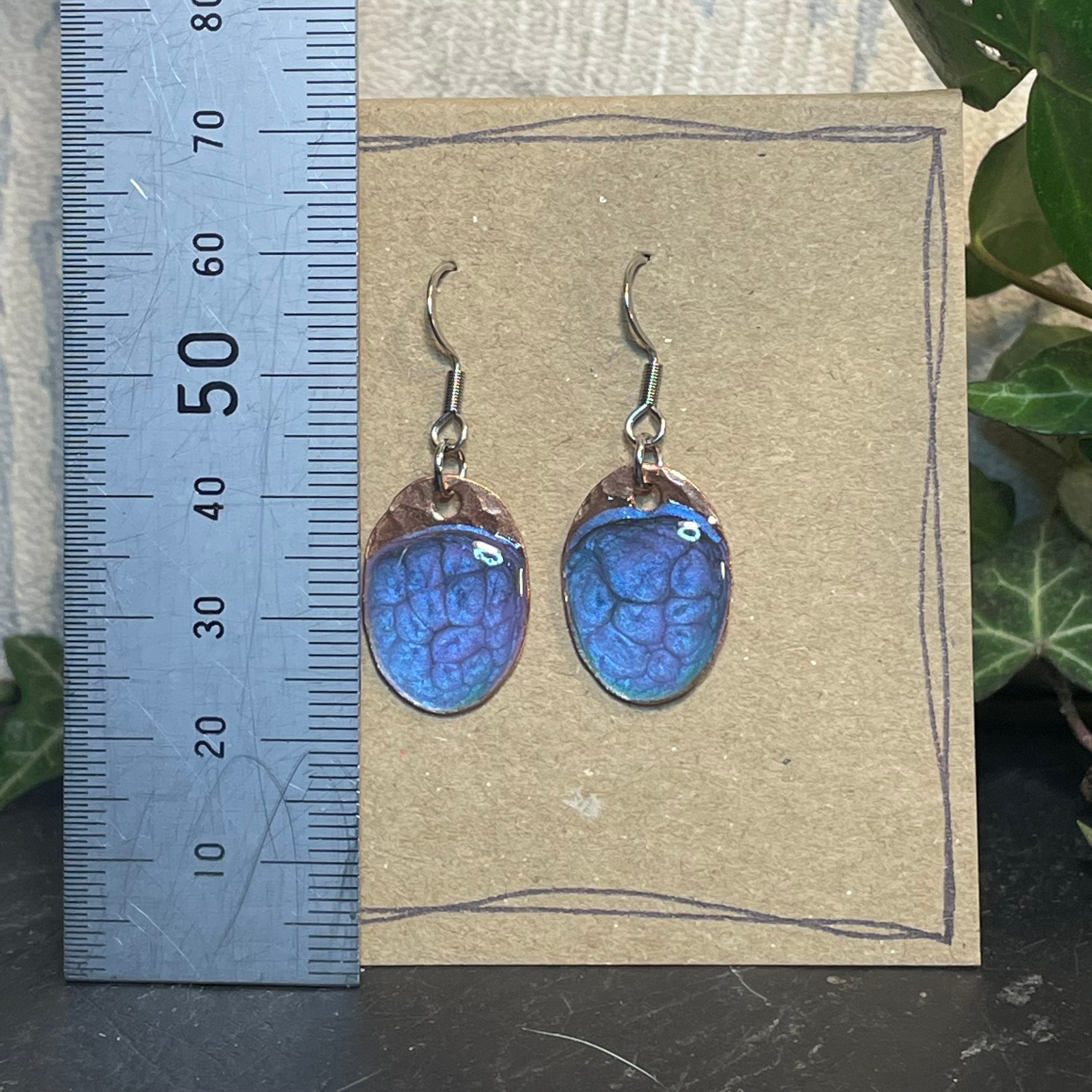 copper earrings. Oval earrings. Small earrings. Mini earrings. Purple earrings. #82