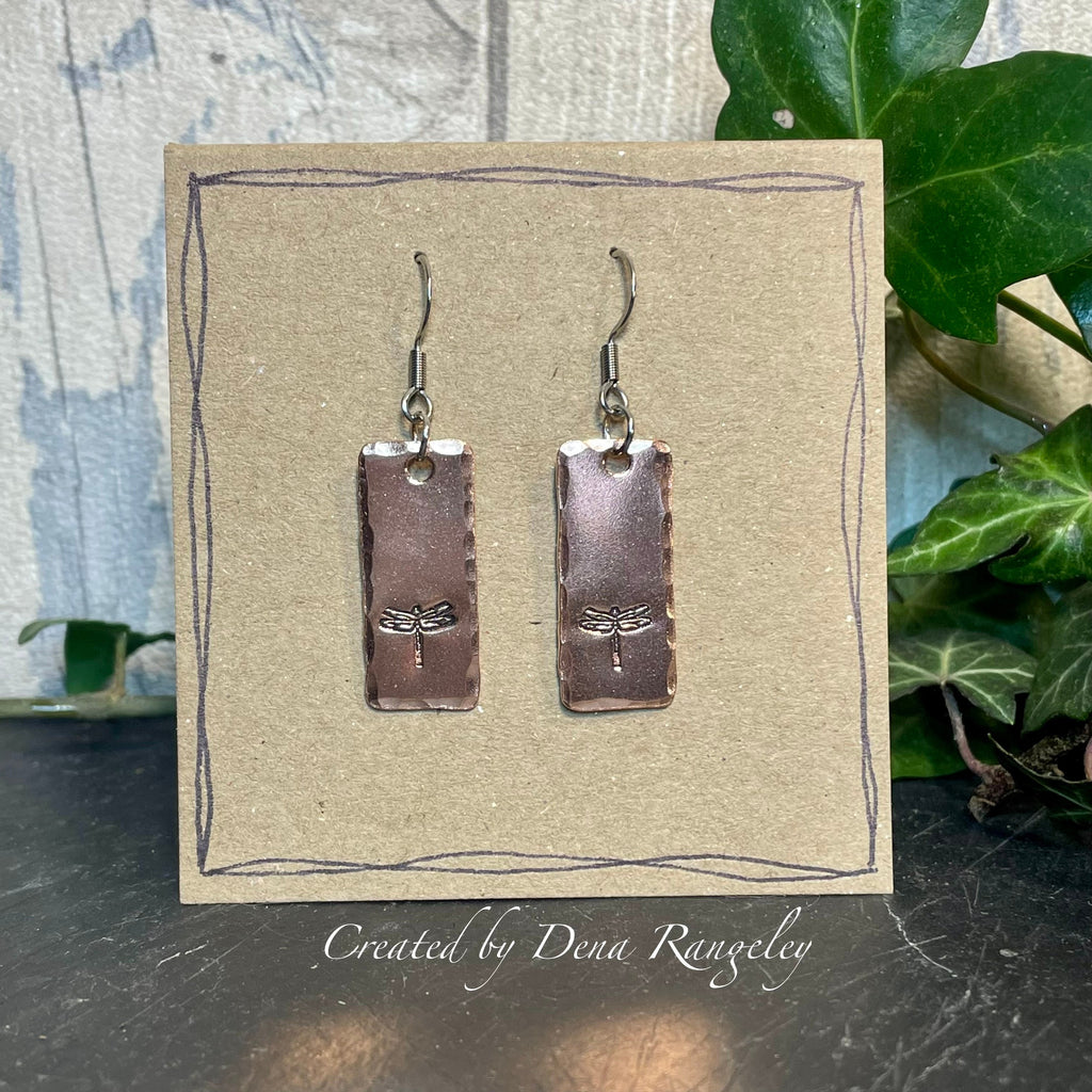 Stamped earrings. Copper earrings. Dragonfly earrings. Recycled copper #70