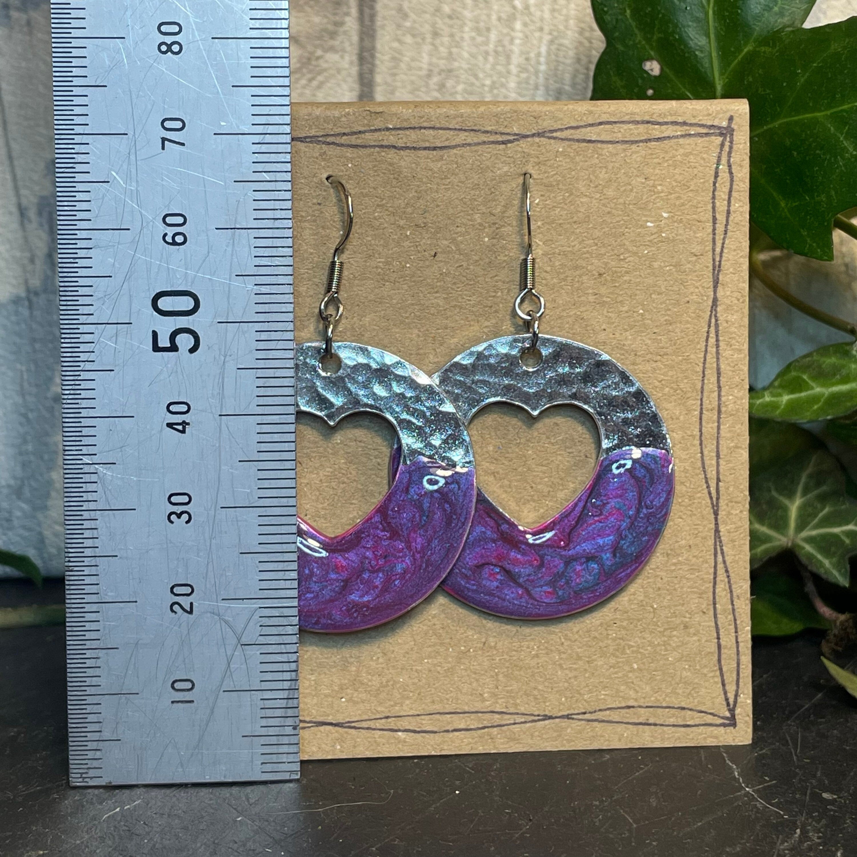 Lightweight earrings with stainless steel earring hooks. Pink and purple earrings. Heart earrings #72