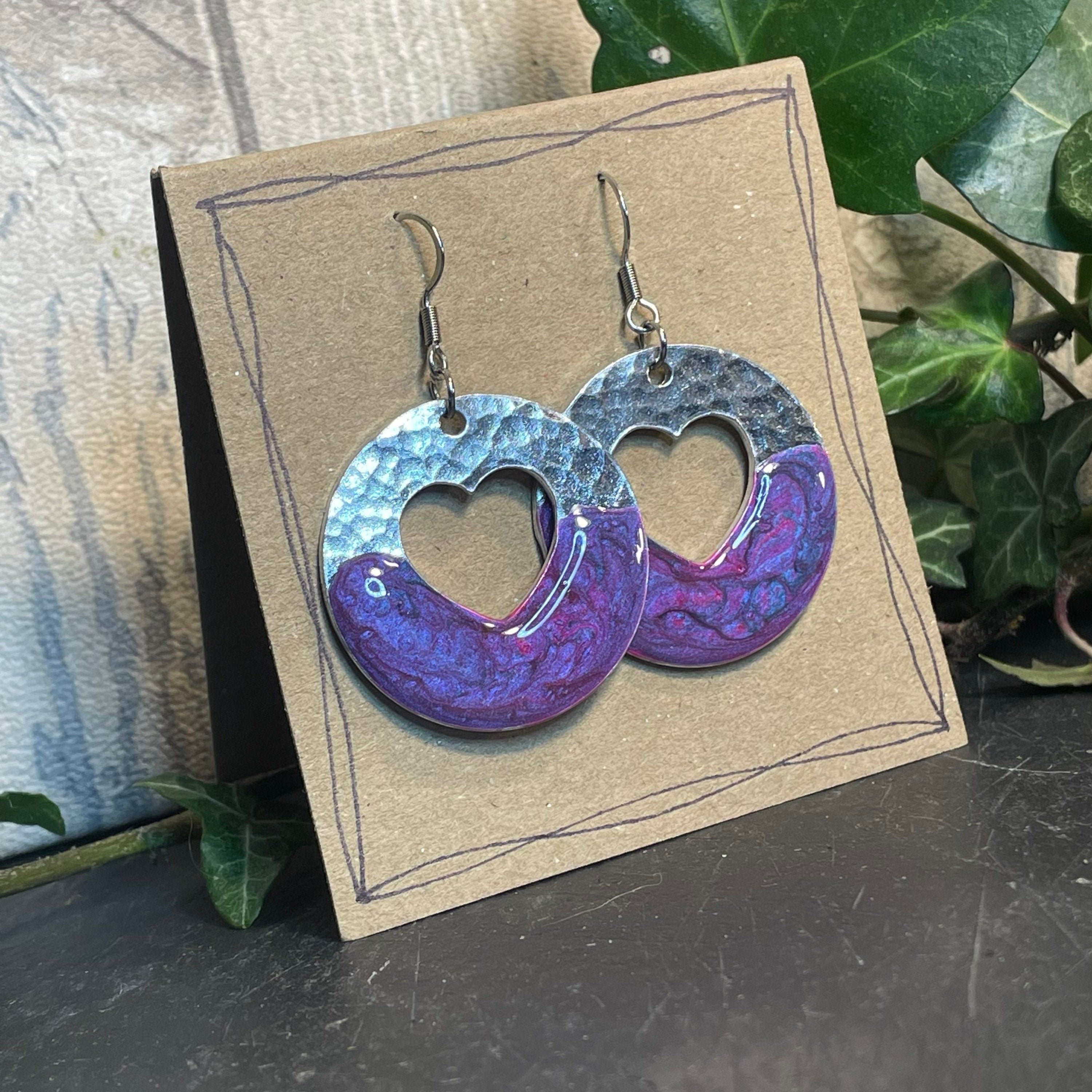 Lightweight earrings with stainless steel earring hooks. Pink and purple earrings. Heart earrings #72