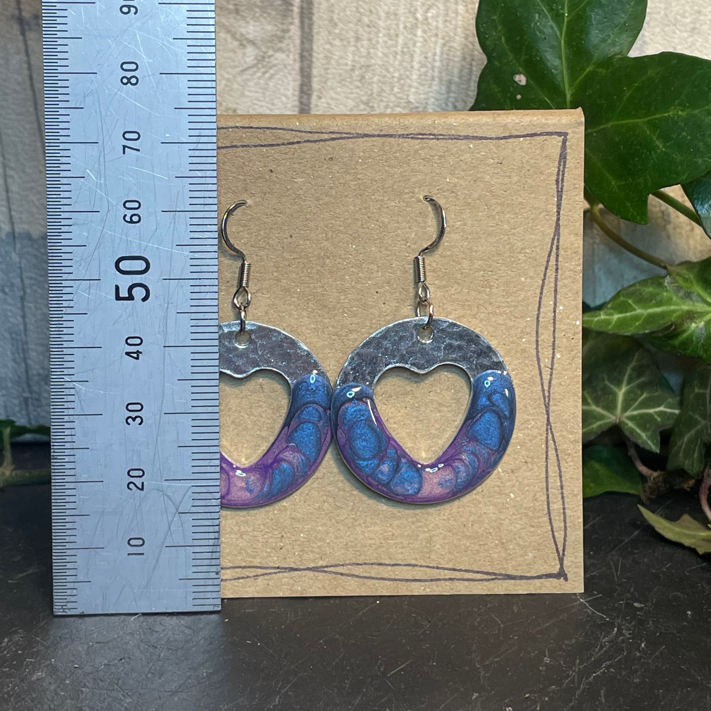 Lightweight earrings with stainless steel earring hooks. Blue and purple earrings. Heart earrings #69