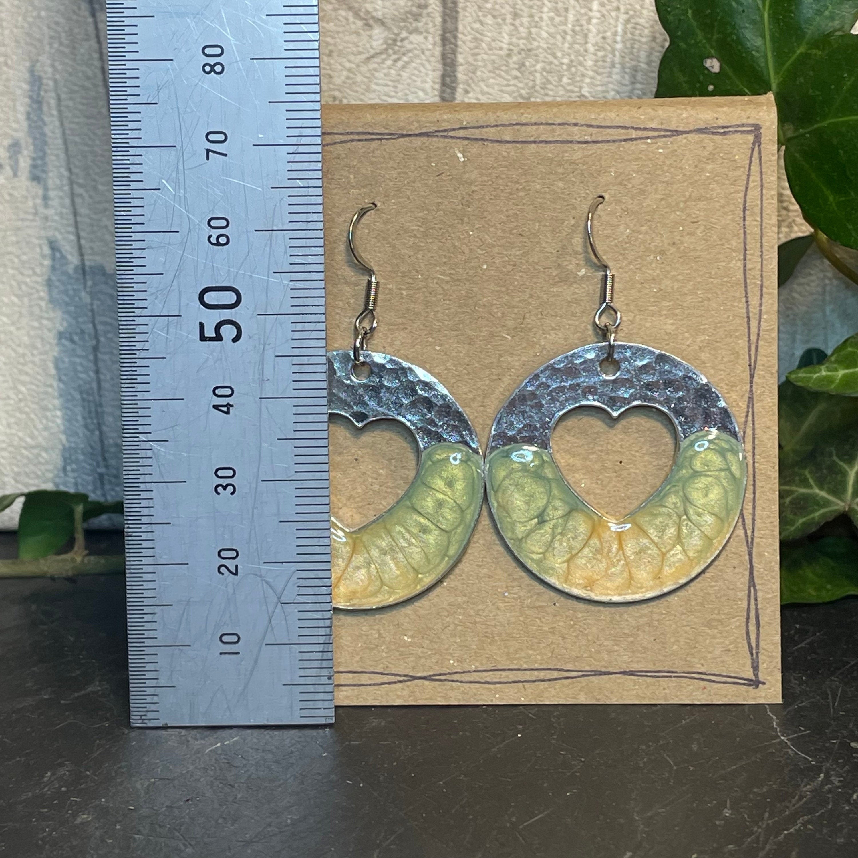 Lightweight earrings with stainless steel earring hooks. Green earrings. Heart earrings #65