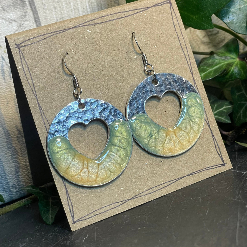 Lightweight earrings with stainless steel earring hooks. Green earrings. Heart earrings #65