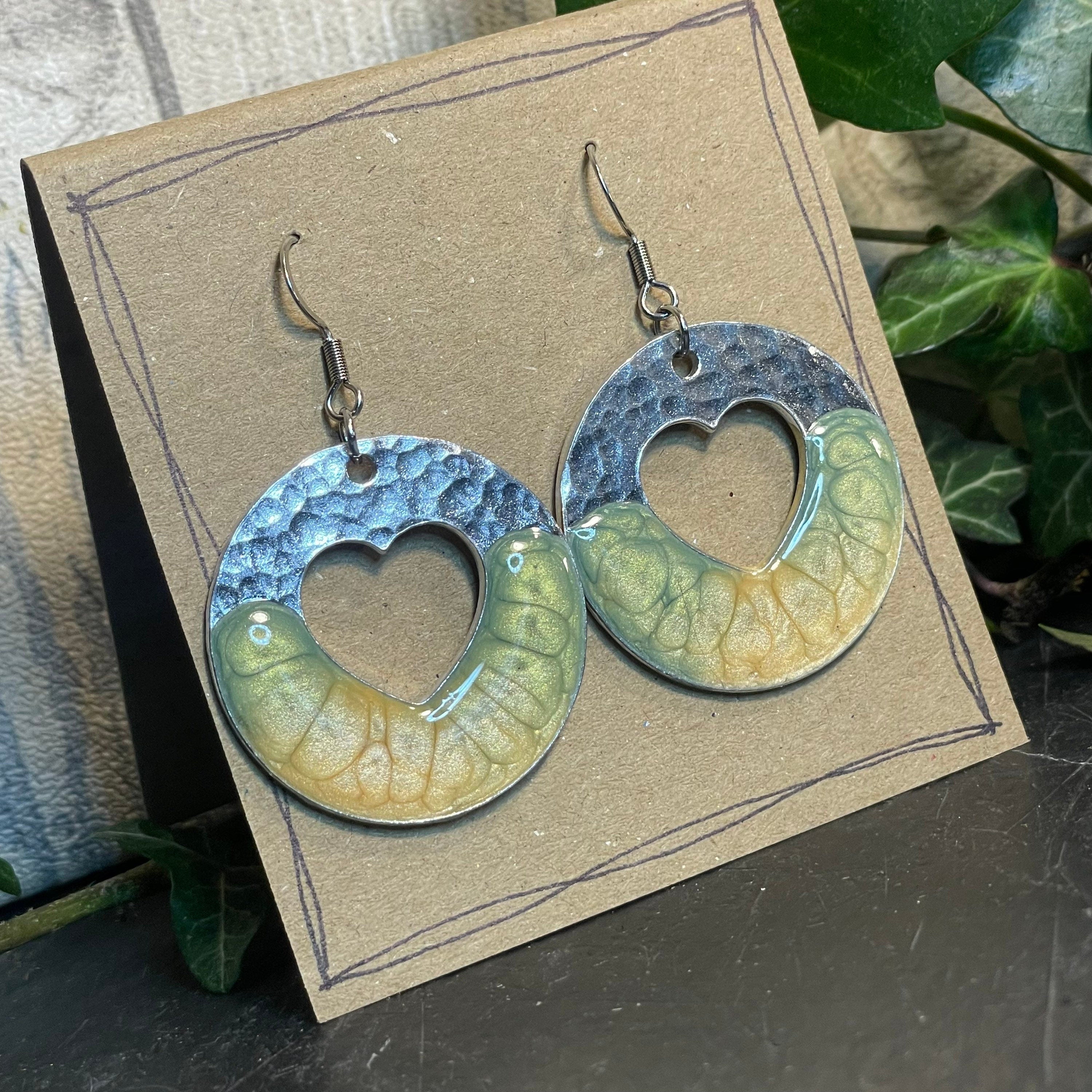 Lightweight earrings with stainless steel earring hooks. Green earrings. Heart earrings #65