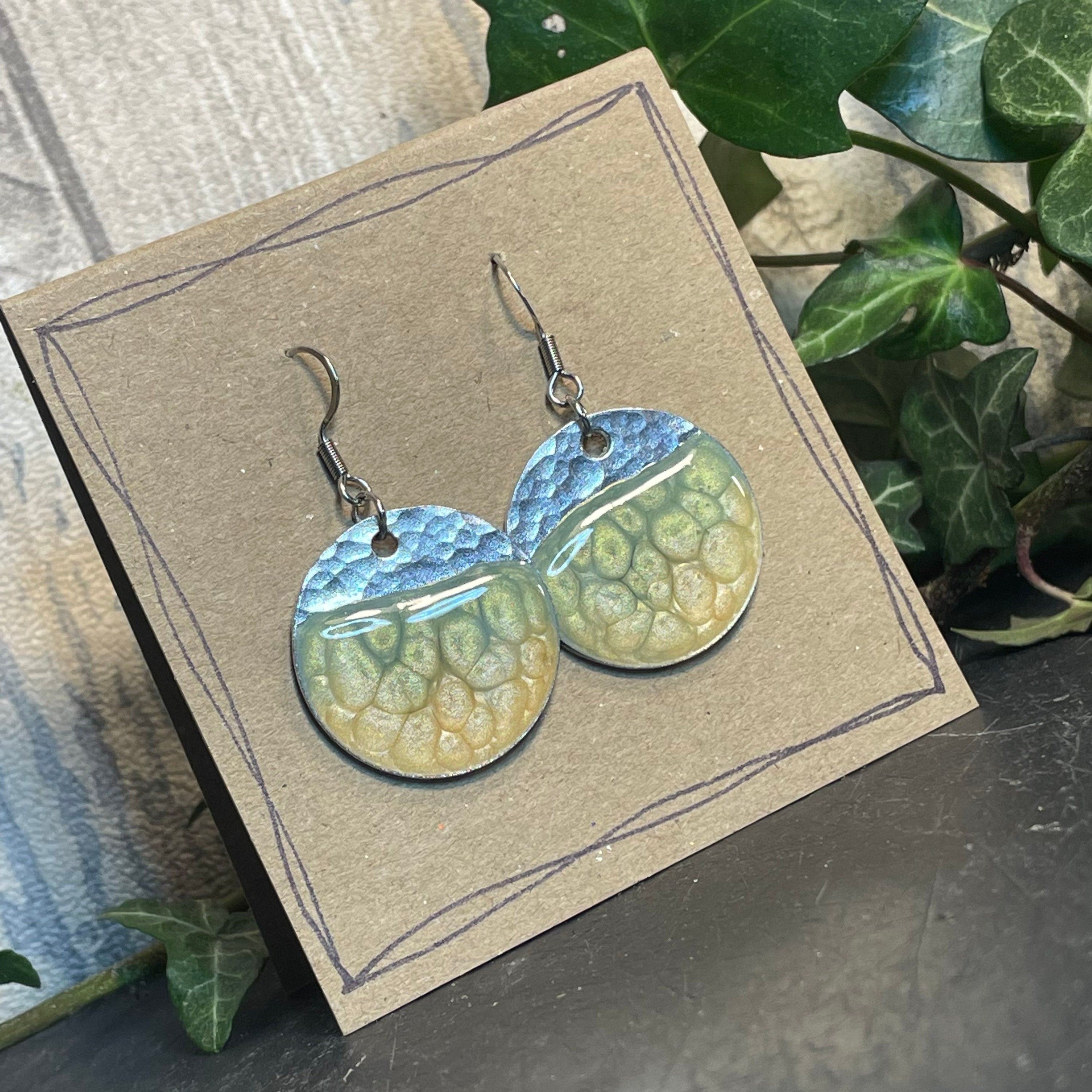 Painted earrings with stainless steel earring hooks. Green and yellow earrings. Disc earrings #79