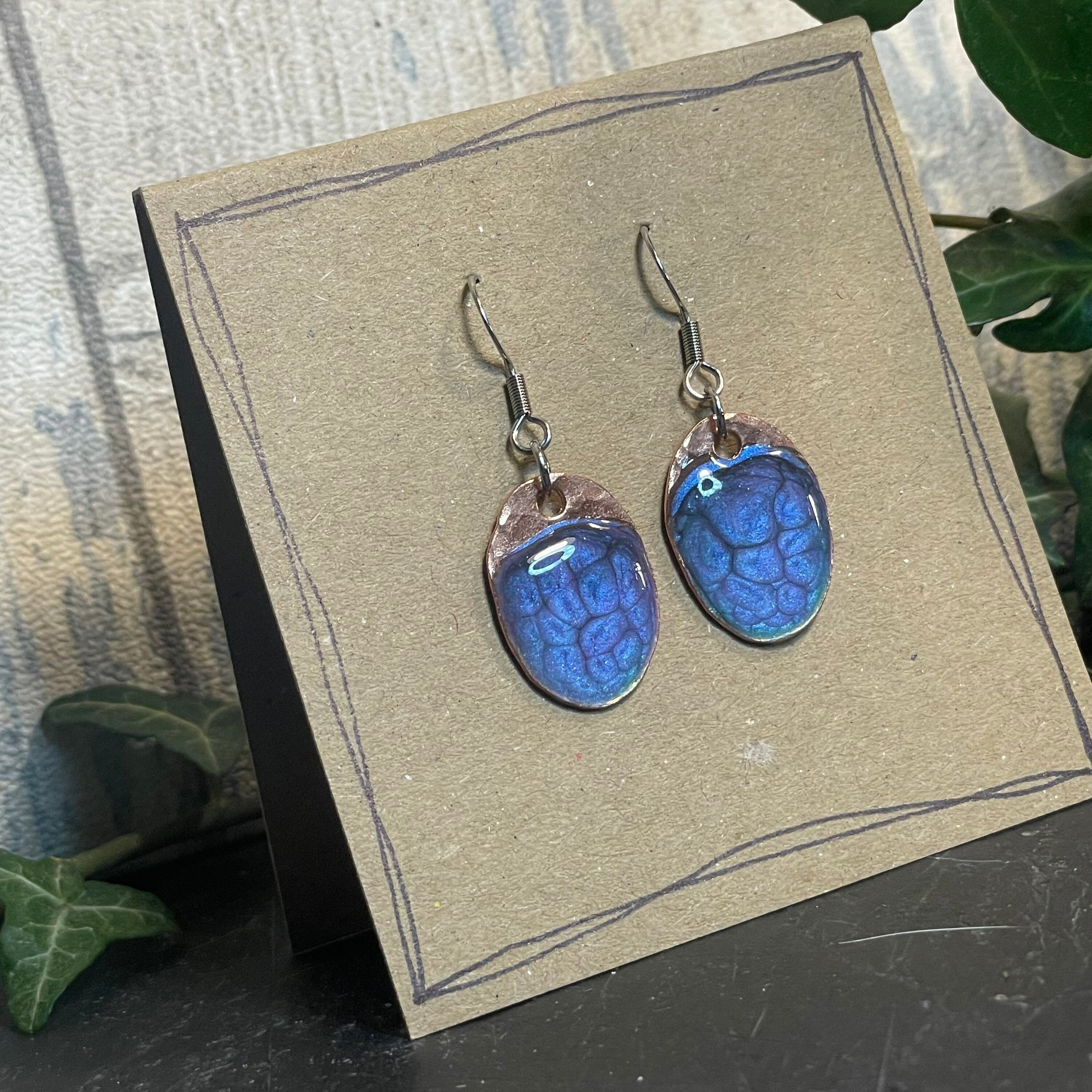 copper earrings. Oval earrings. Small earrings. Mini earrings. Purple earrings. #82
