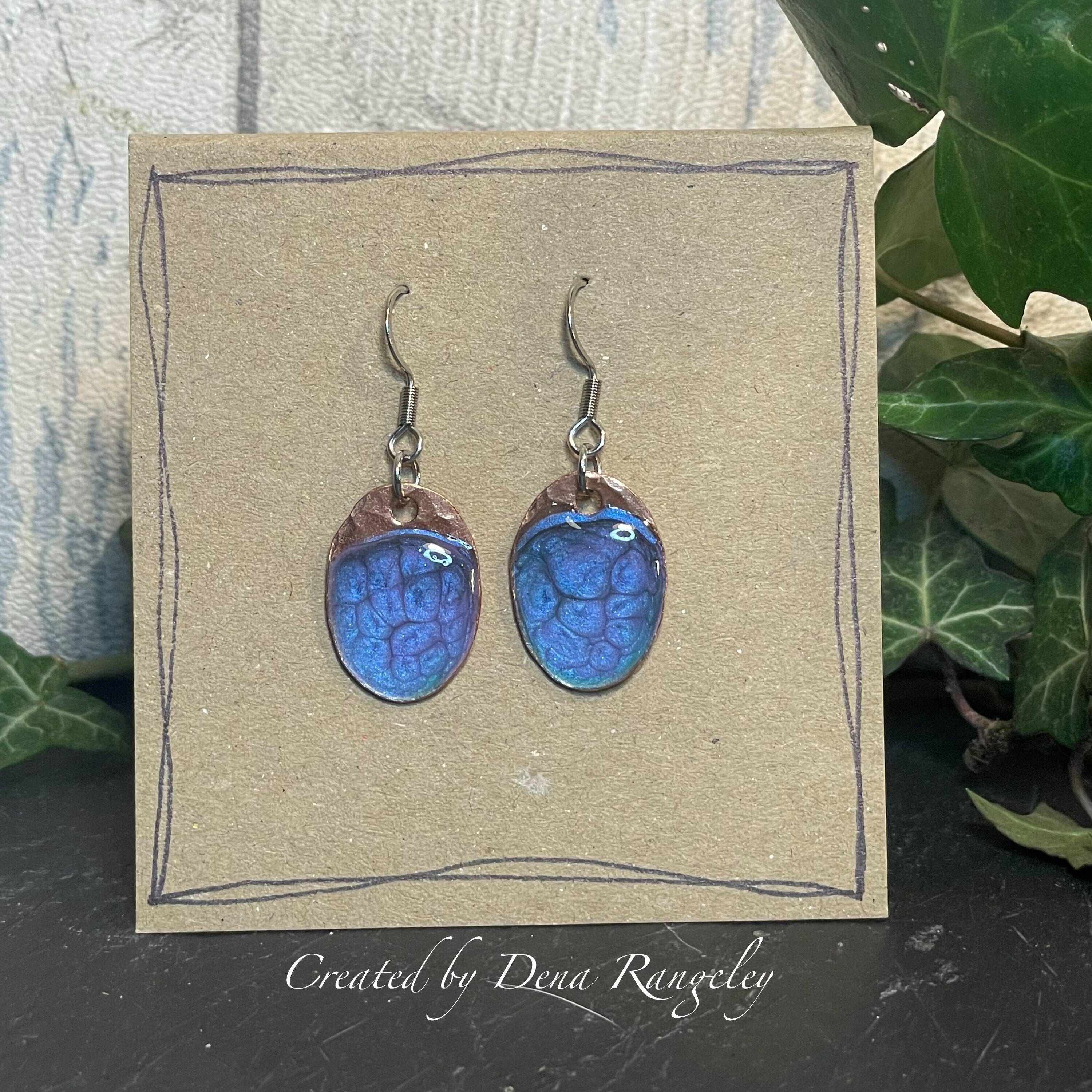 copper earrings. Oval earrings. Small earrings. Mini earrings. Purple earrings. #82