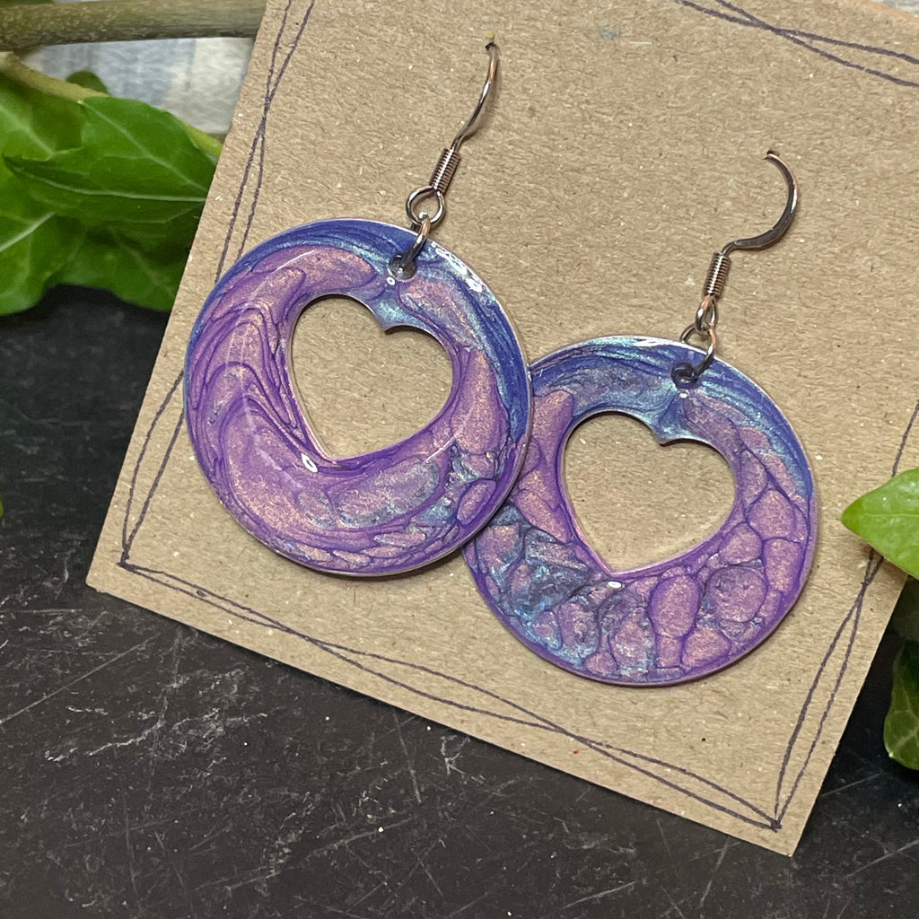 Lightweight earrings with stainless steel earring hooks. Blue and purple earrings. Heart earrings #47