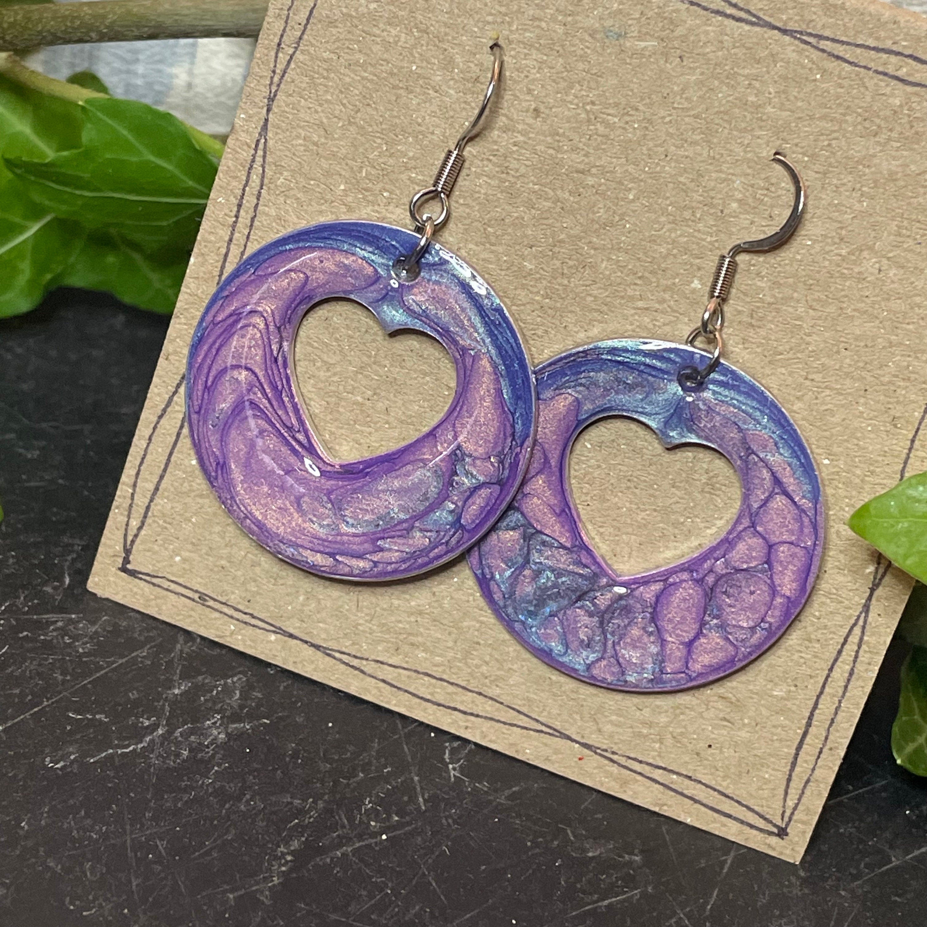 Lightweight earrings with stainless steel earring hooks. Blue and purple earrings. Heart earrings #47
