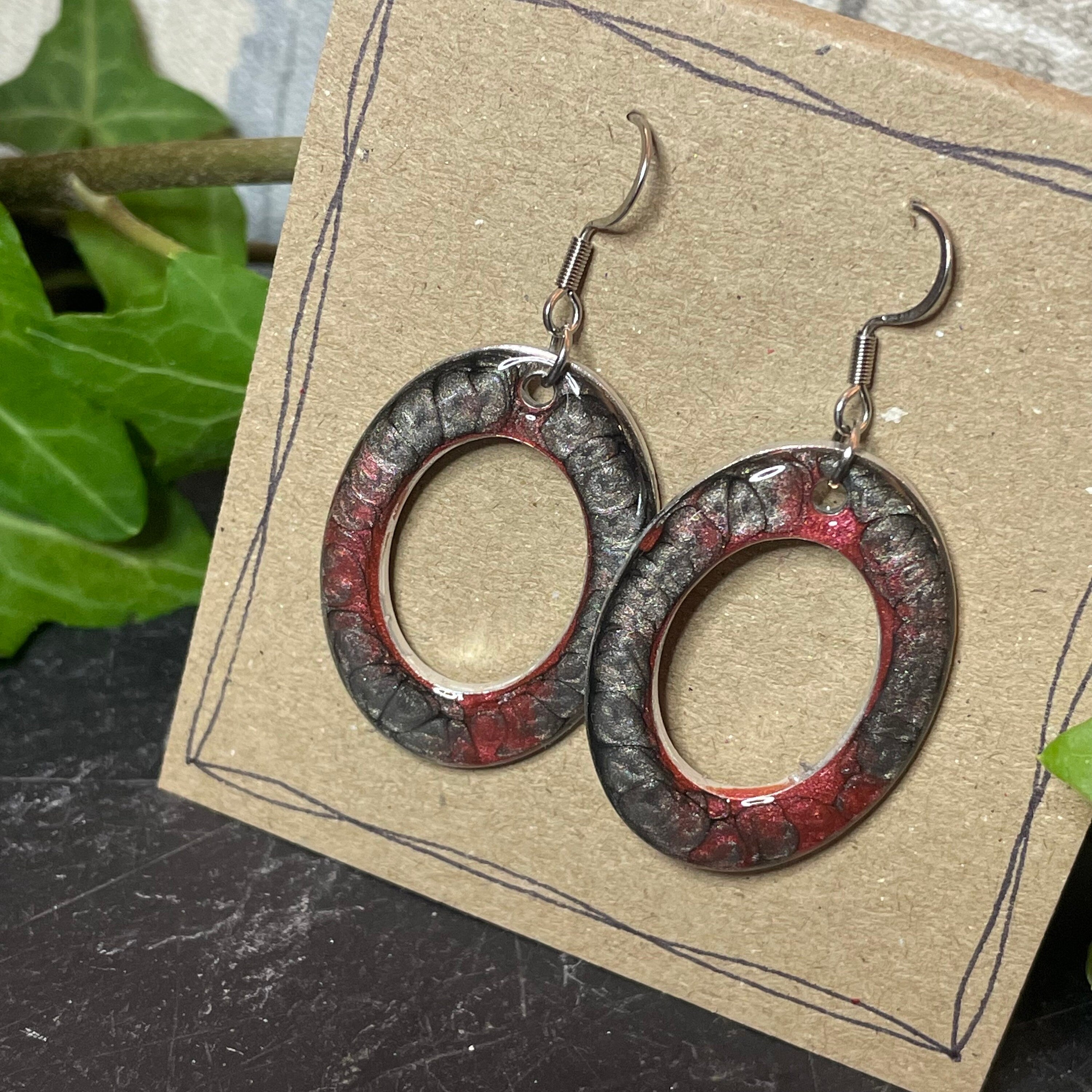 Painted red/onyx earrings with stainless steel earring hooks. Red earrings. Disc earrings #35