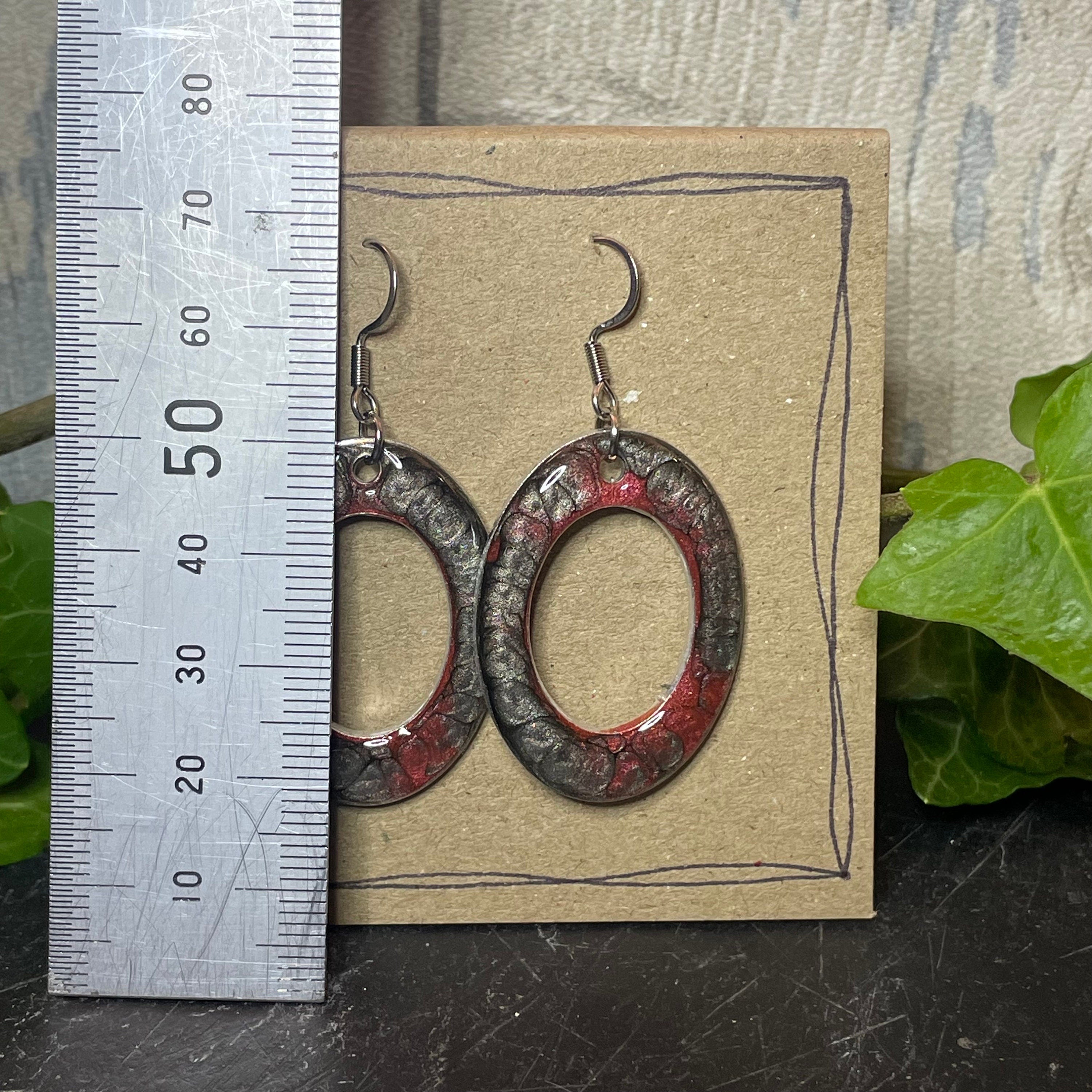 Painted red/onyx earrings with stainless steel earring hooks. Red earrings. Disc earrings #35