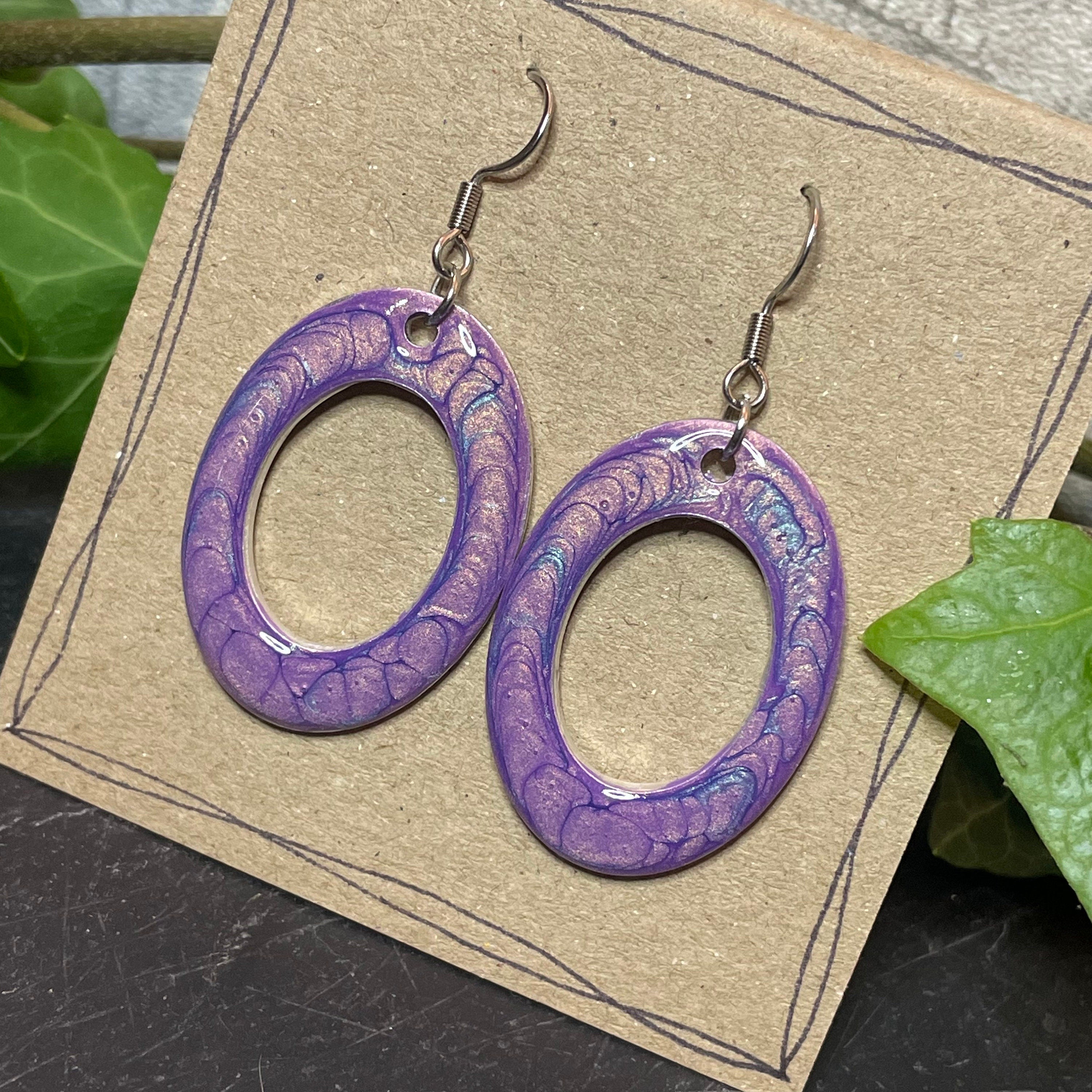 Painted purple earrings with stainless steel earring hooks. Purple earrings. #38