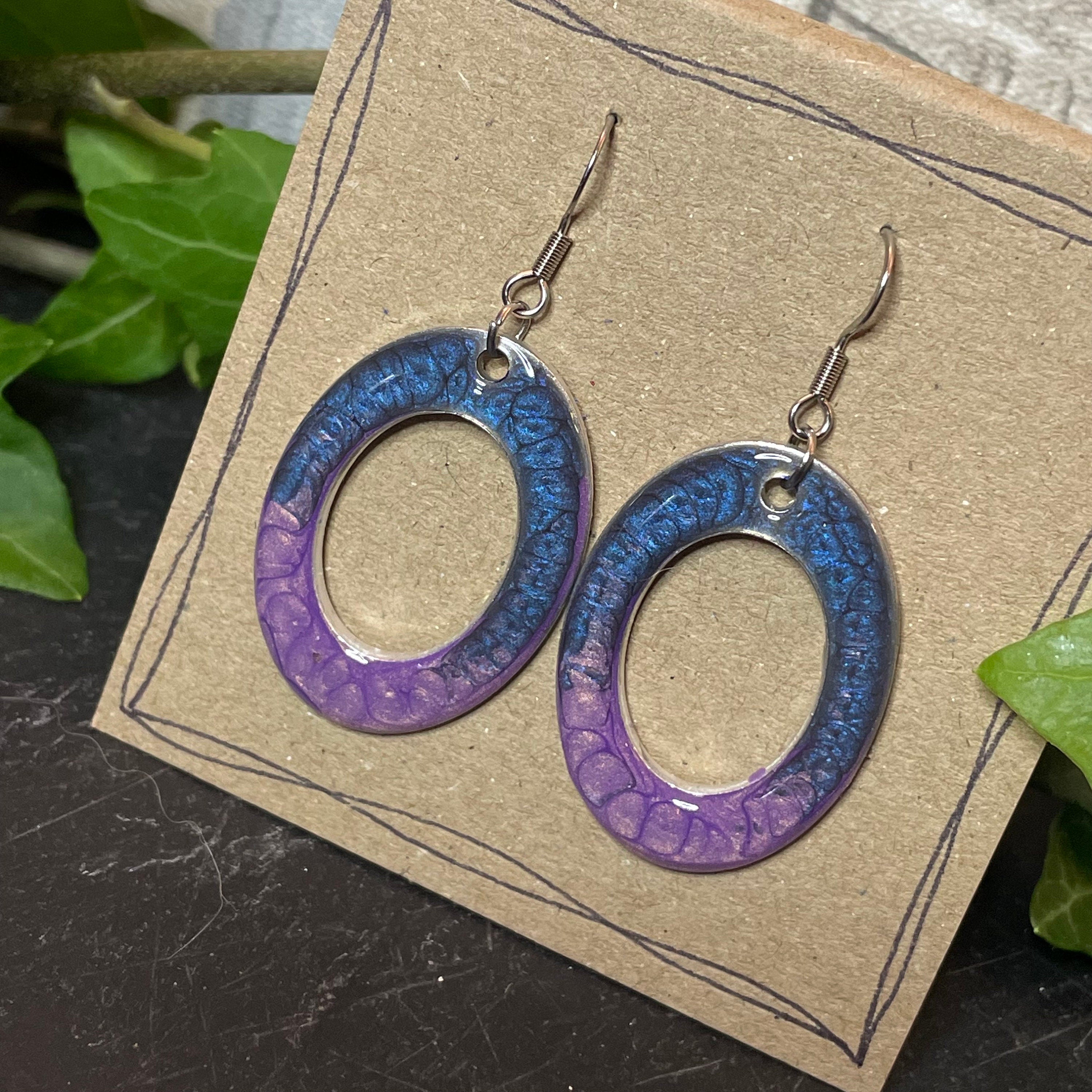 Painted purple earrings with stainless steel earring hooks. Purple earrings.#37