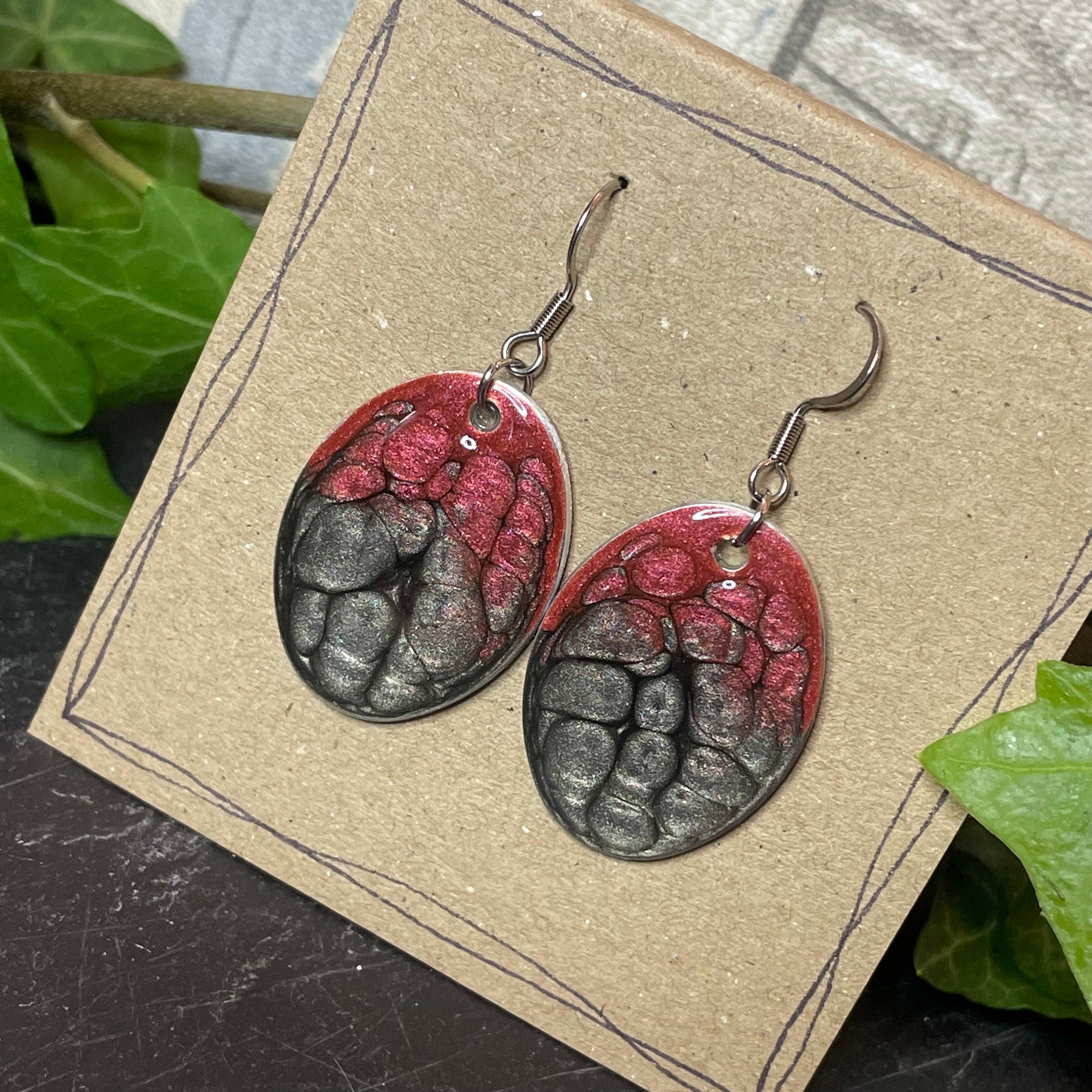 Painted red/onyx earrings with stainless steel earring hooks. Red earrings. Disc earrings #34