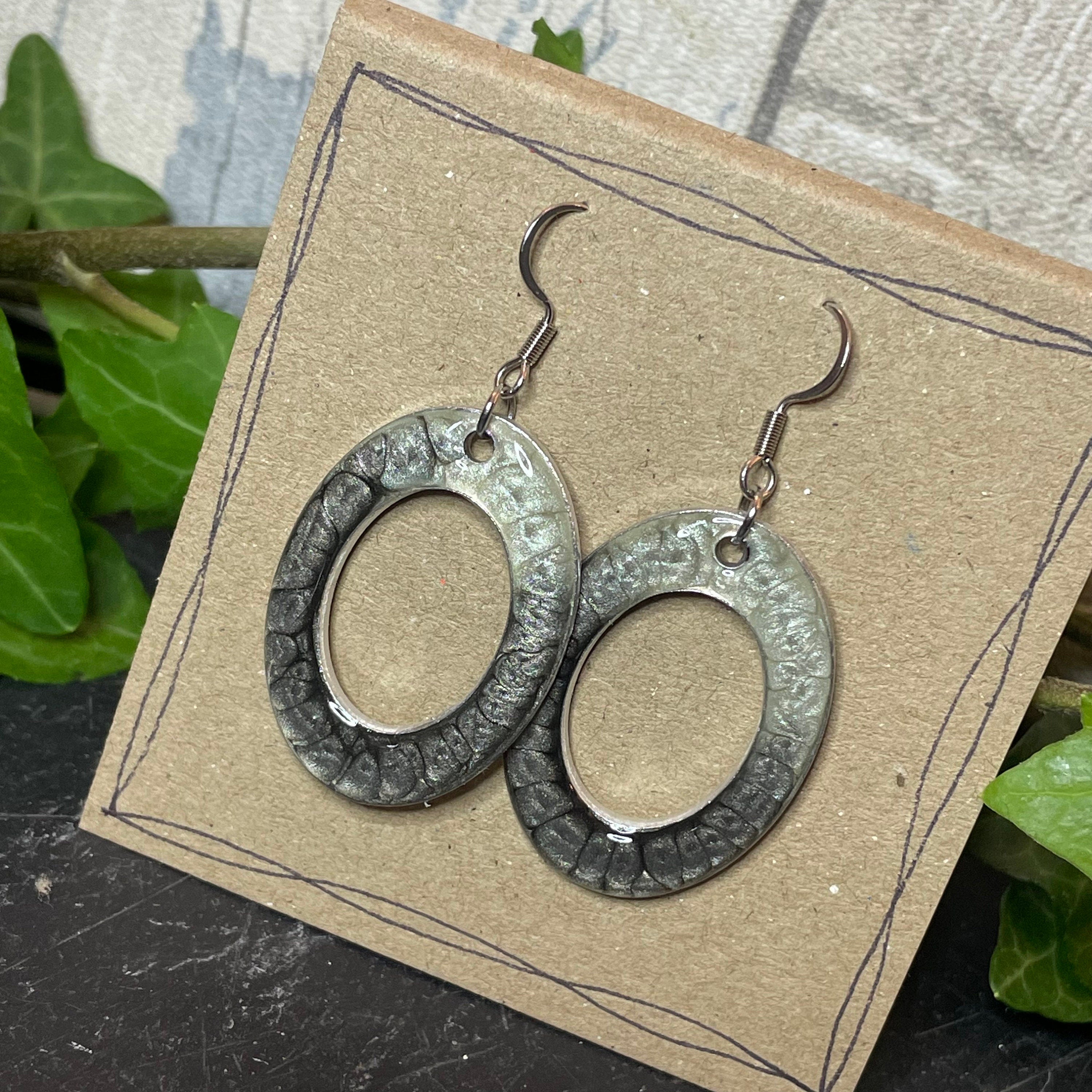 Painted grey earrings with stainless steel earring hooks. Grey earrings. Disc earrings #33