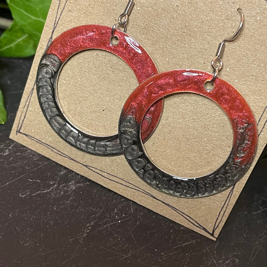 Painted red/onyx earrings with stainless steel earring hooks. Red earrings. Disc earrings #41