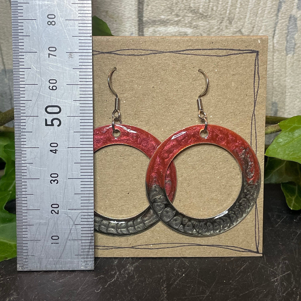 Painted red/onyx earrings with stainless steel earring hooks. Red earrings. Disc earrings #41