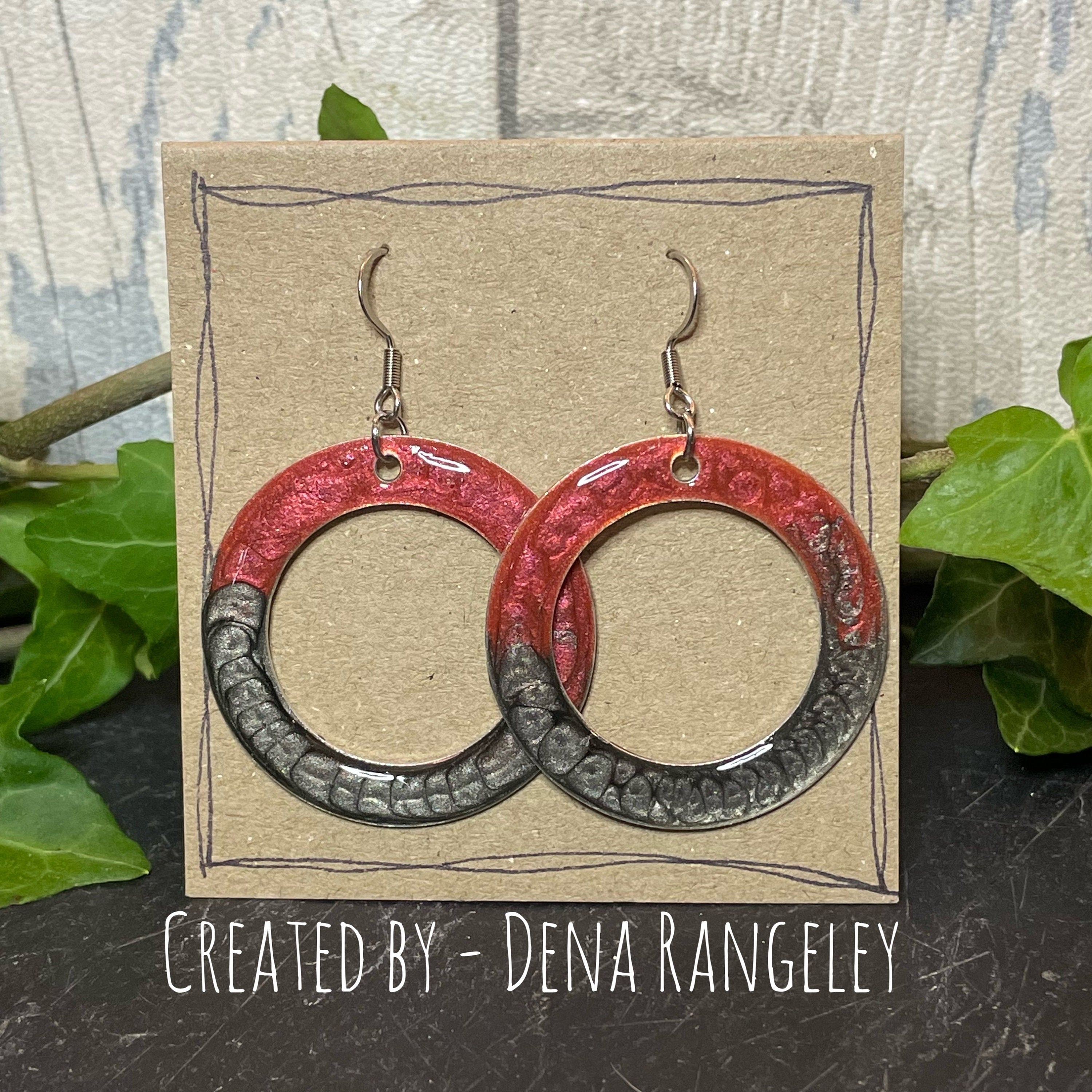 Painted red/onyx earrings with stainless steel earring hooks. Red earrings. Disc earrings #41