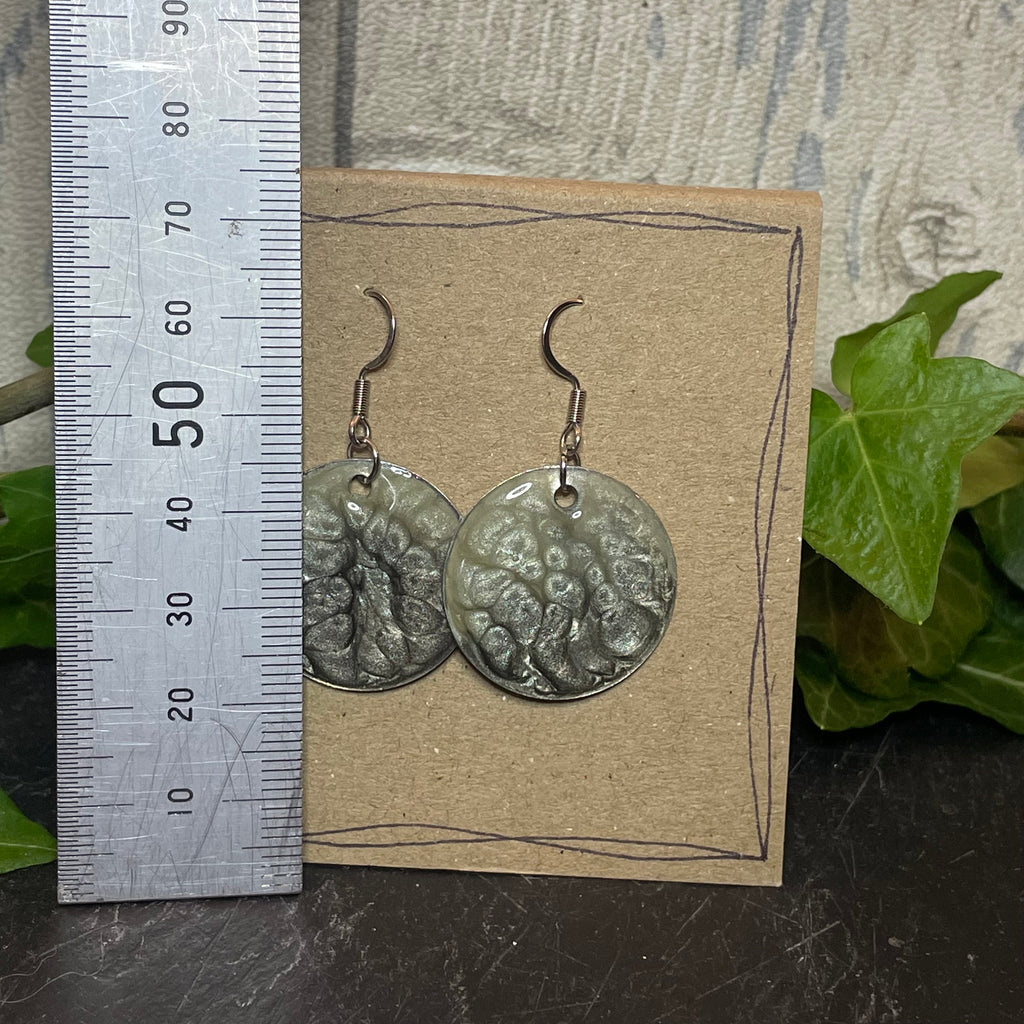 Painted grey earrings with stainless steel earring hooks. Grey earrings. Disc earrings #40