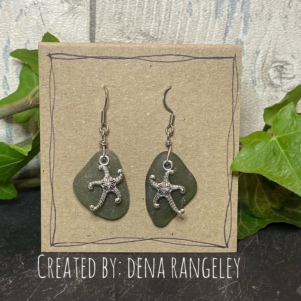 Green natural Norfolk sea glass earrings with stainless steel earring hook. Starfish earrings #48