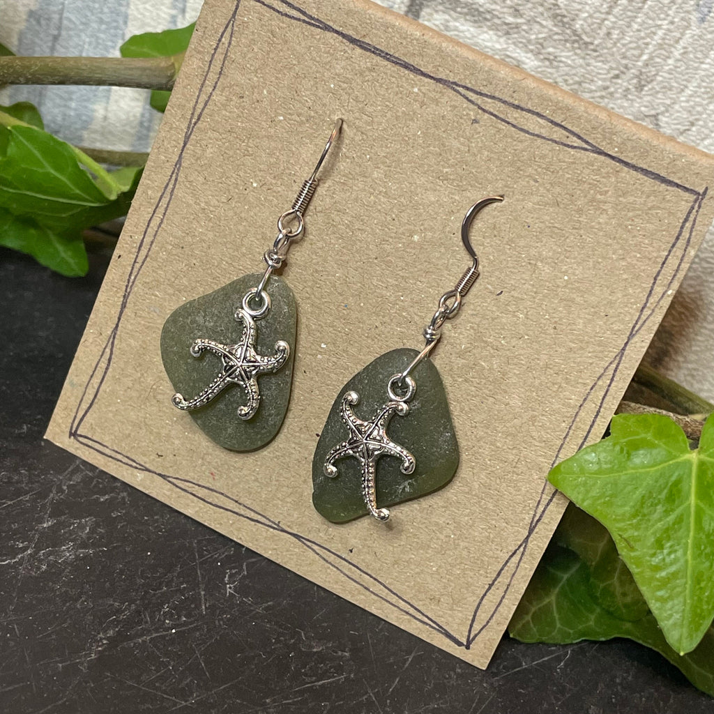Green natural Norfolk sea glass earrings with stainless steel earring hook. Starfish earrings #48