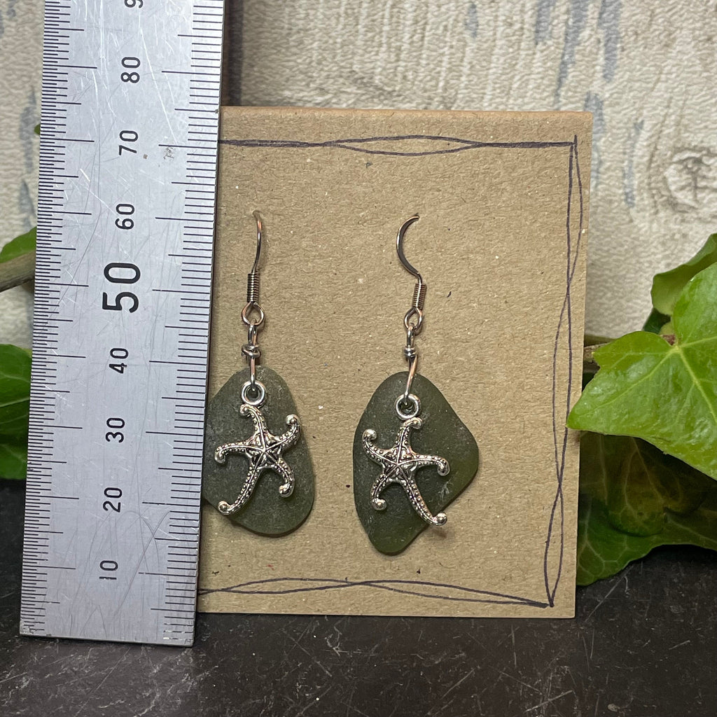 Green natural Norfolk sea glass earrings with stainless steel earring hook. Starfish earrings #48