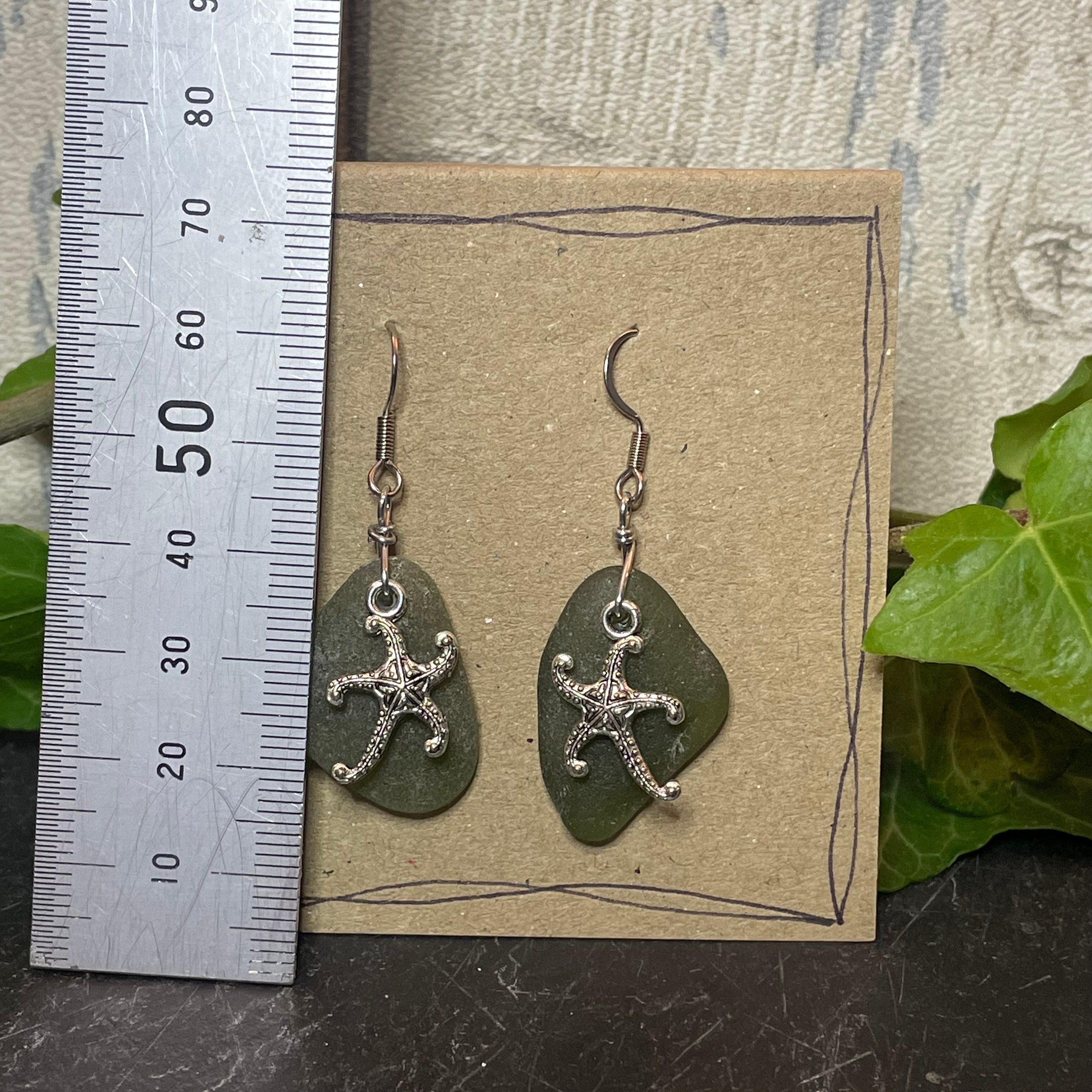 Green natural Norfolk sea glass earrings with stainless steel earring hook. Starfish earrings #48