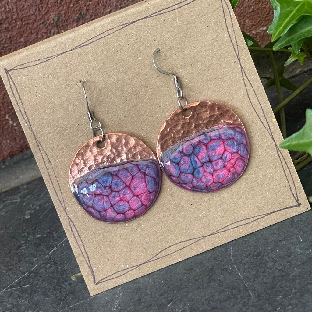 Blue and pink copper earrings. Disc earrings #139