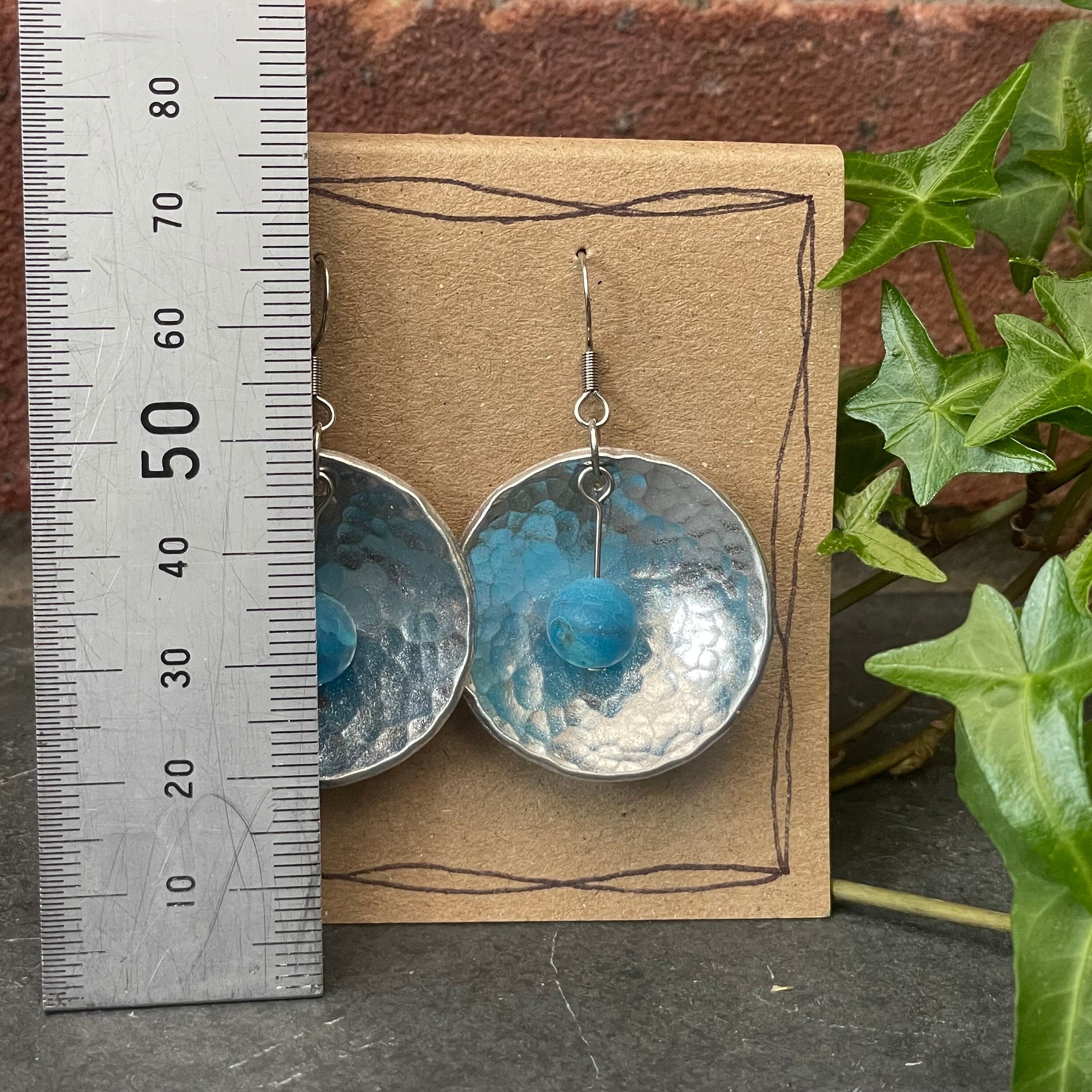 hammered domed earrings. Blue earrings. #143