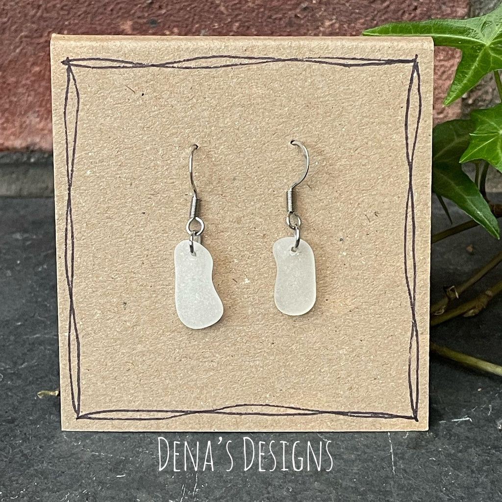 White natural Norfolk sea glass earrings with stainless steel earring hook. Mini earrings #156