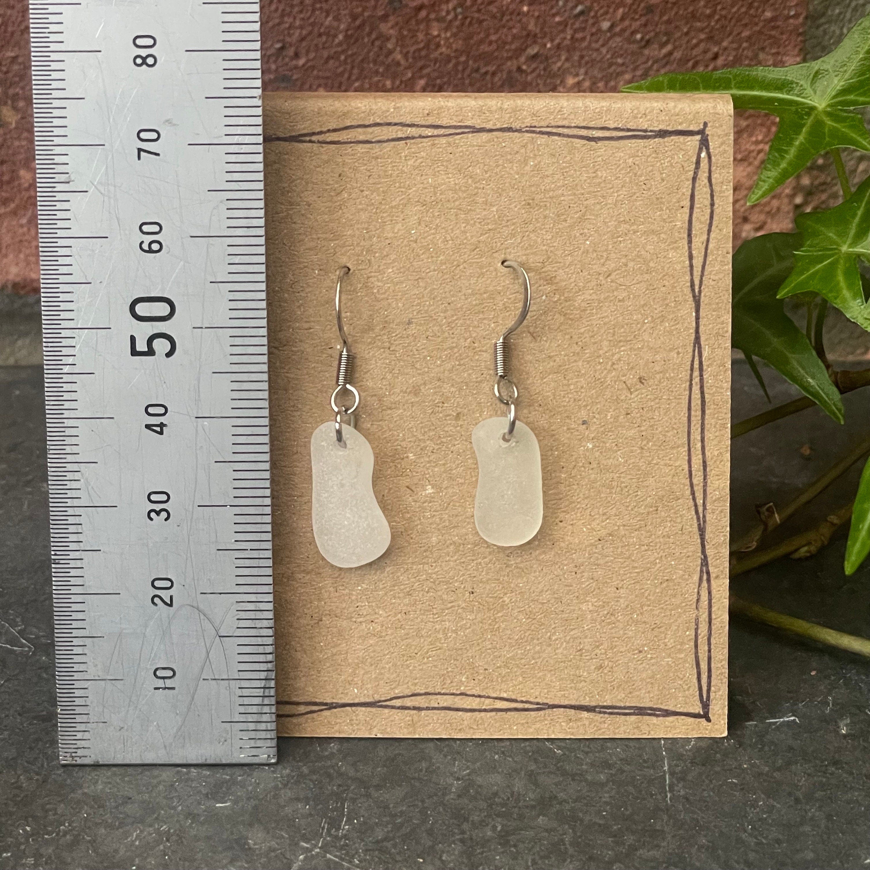 White natural Norfolk sea glass earrings with stainless steel earring hook. Mini earrings #156