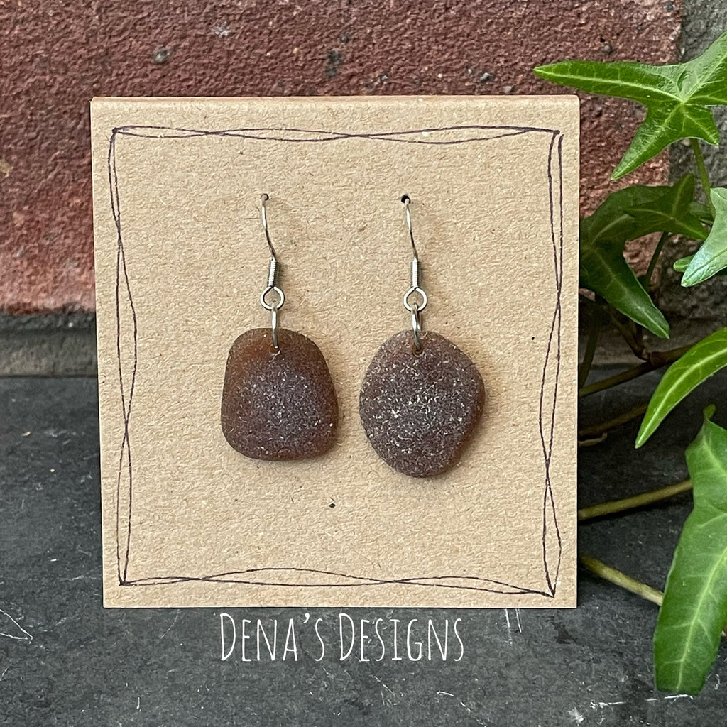 Brown natural Norfolk sea glass earrings with stainless steel earring hook. #157