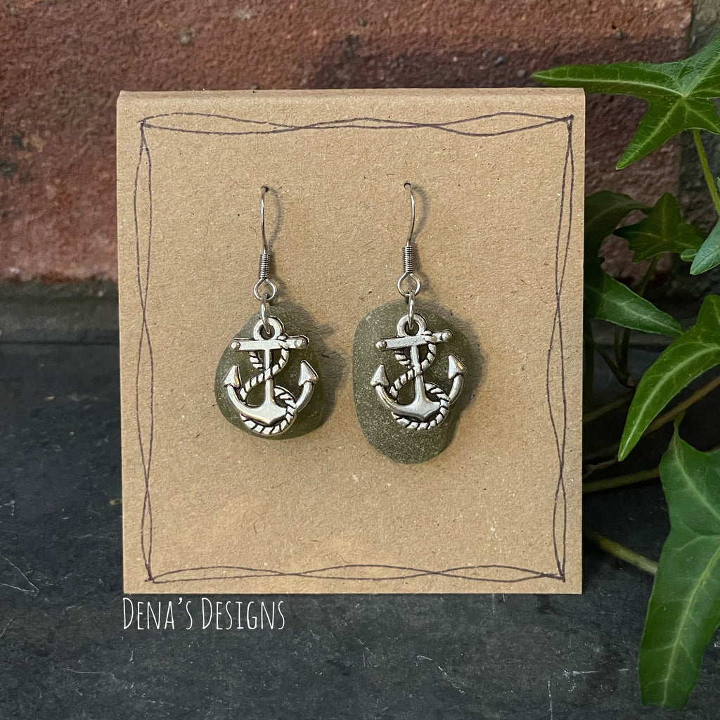 Green natural Norfolk sea glass earrings with stainless steel earring hook. Anchor earrings #162