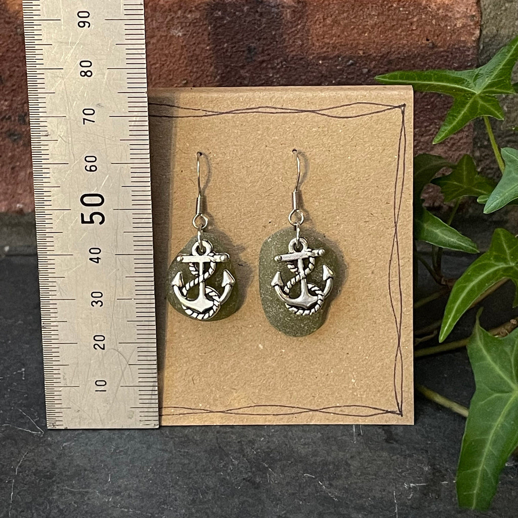 Green natural Norfolk sea glass earrings with stainless steel earring hook. Anchor earrings #162