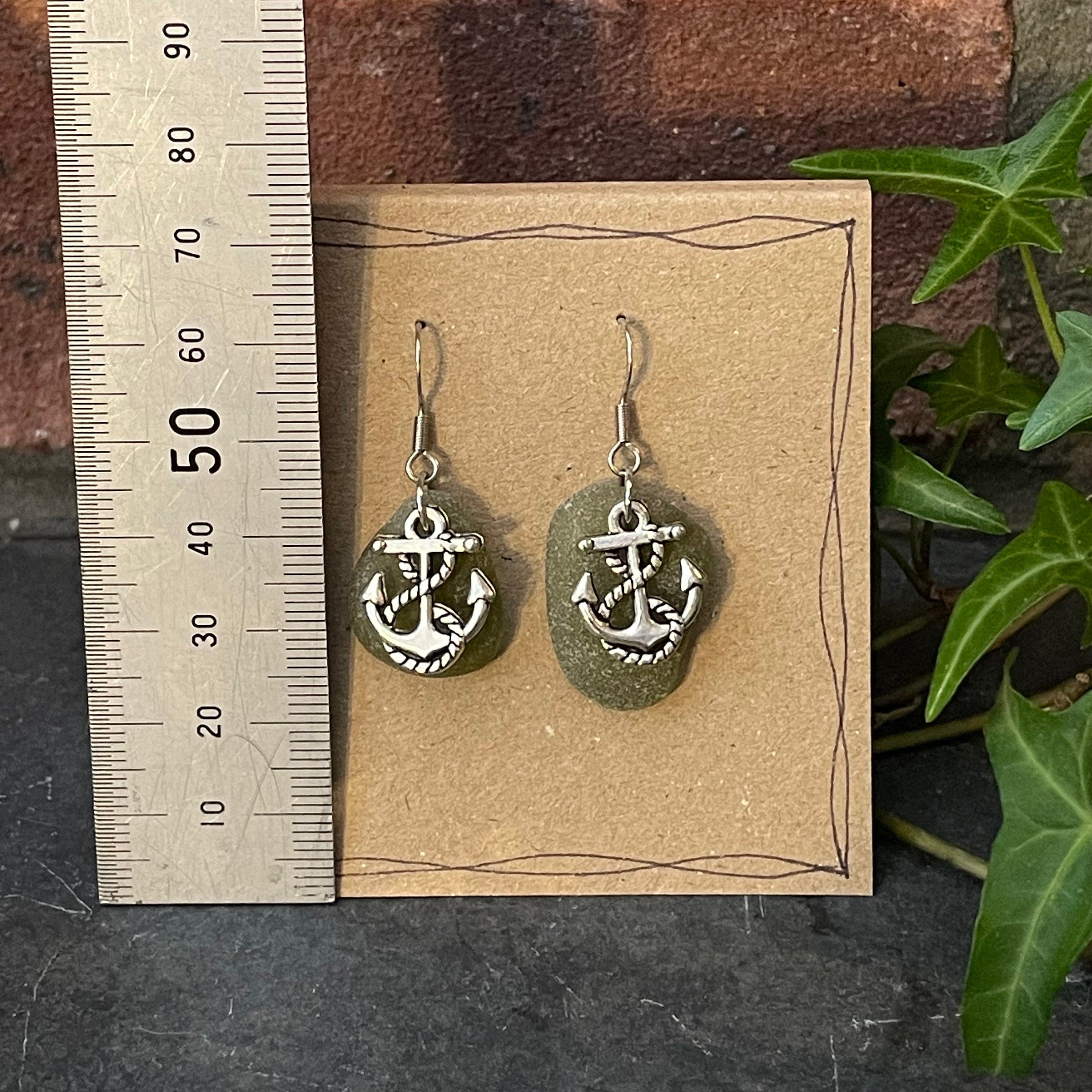 Green natural Norfolk sea glass earrings with stainless steel earring hook. Anchor earrings #162