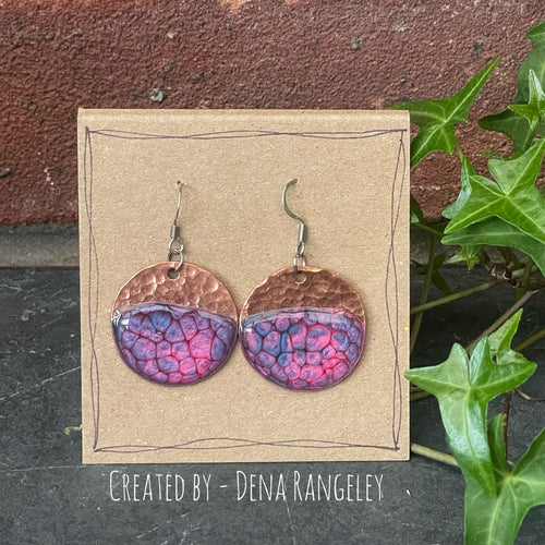 Blue and pink copper earrings. Disc earrings #139