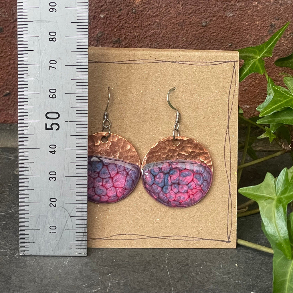Blue and pink copper earrings. Disc earrings #139