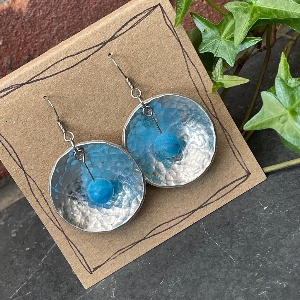 hammered domed earrings. Blue earrings. #143