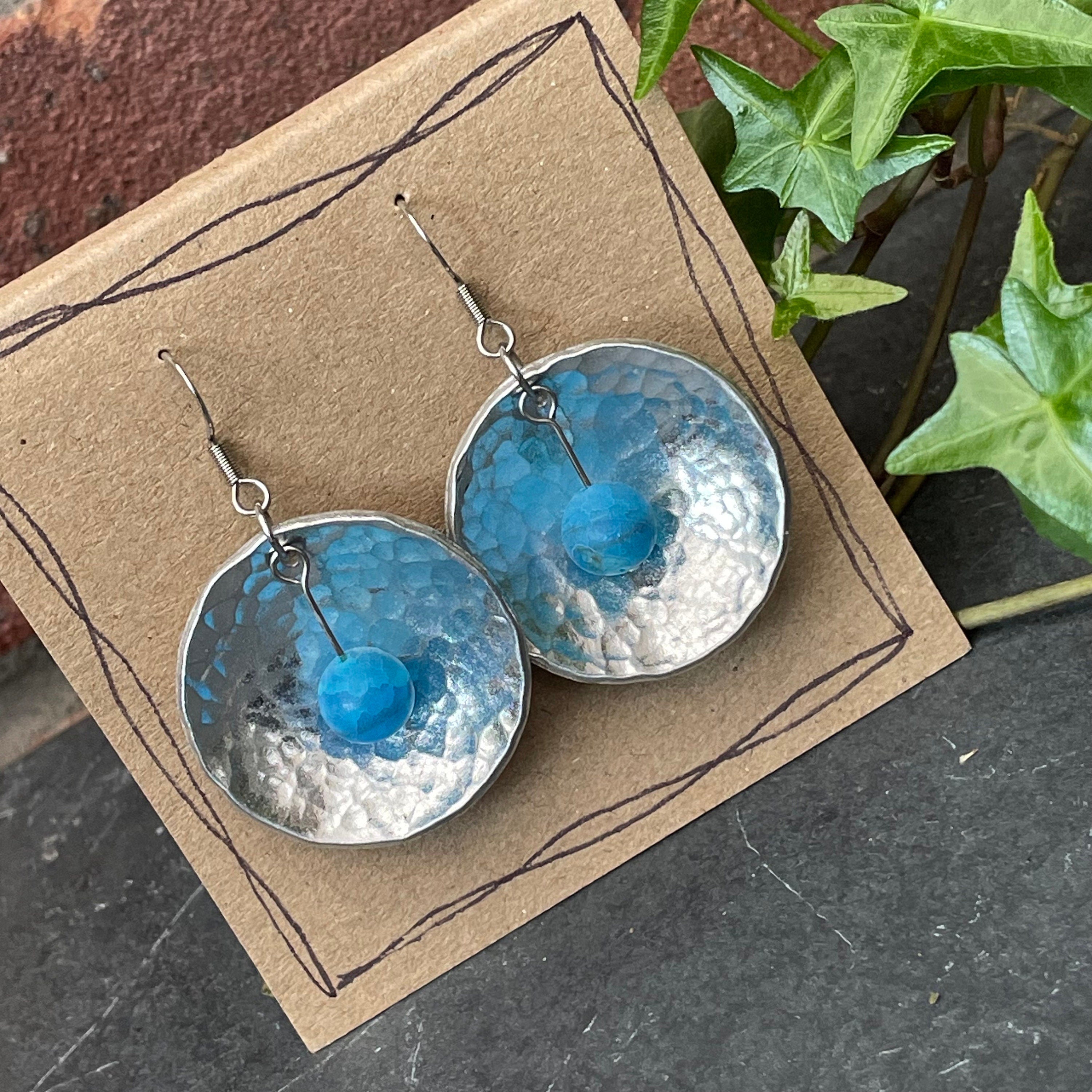 hammered domed earrings. Blue earrings. #143