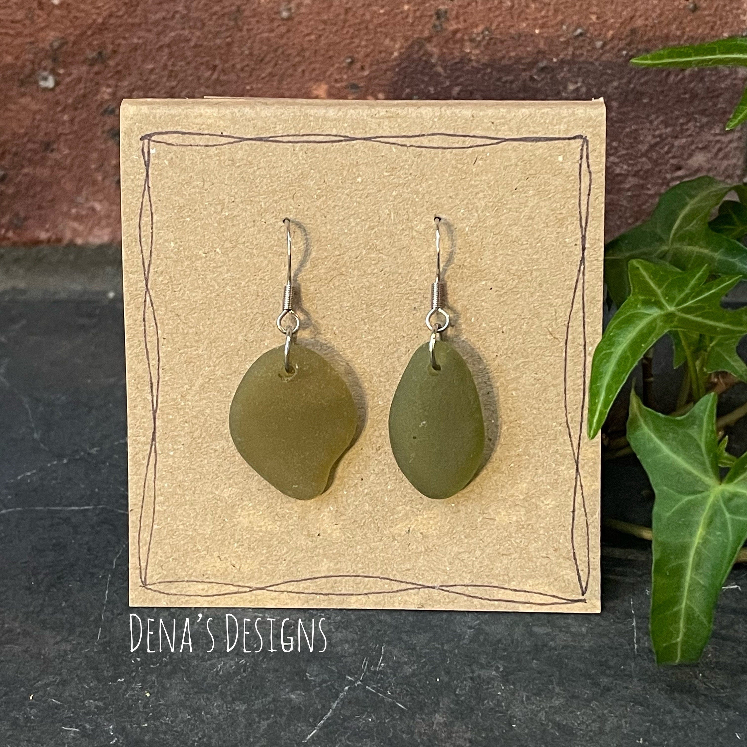 Green natural Norfolk sea glass earrings with stainless steel earring hooks. #164