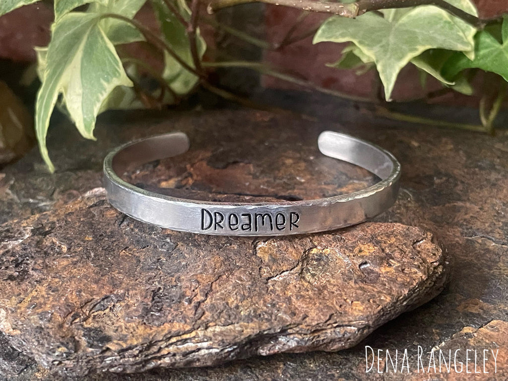 Hand stamped cuff bracelet. Dreamer cuff bracelet. Aluminium cuff bracelet. Inspiring cuff bracelet